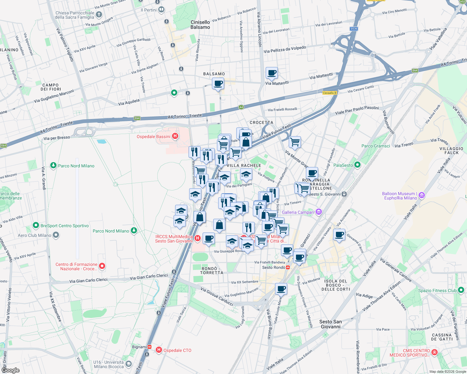 map of restaurants, bars, coffee shops, grocery stores, and more near 116 Via dei Partigiani in Cinisello Balsamo