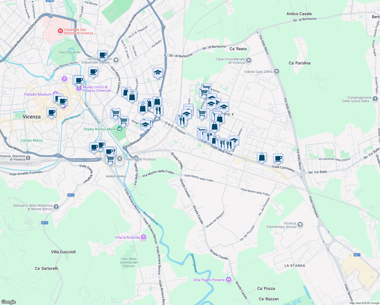 map of restaurants, bars, coffee shops, grocery stores, and more near 82 Via Domenico Pittarini in Vicenza