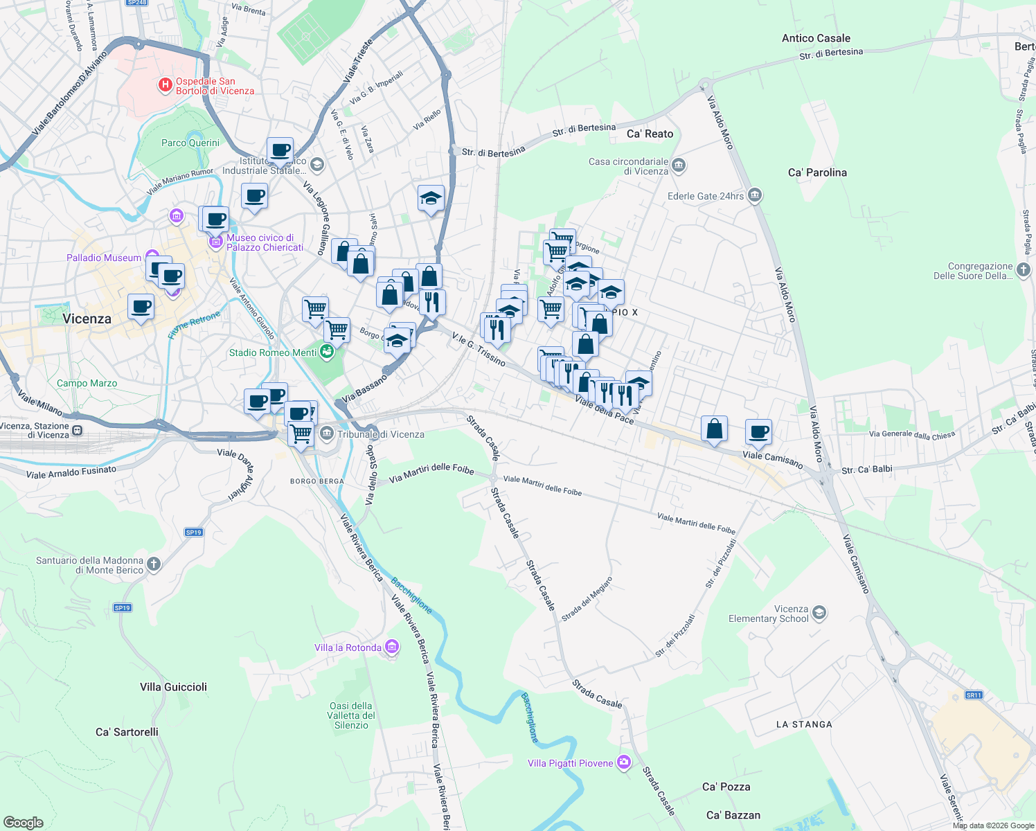 map of restaurants, bars, coffee shops, grocery stores, and more near 82 Via Domenico Pittarini in Vicenza