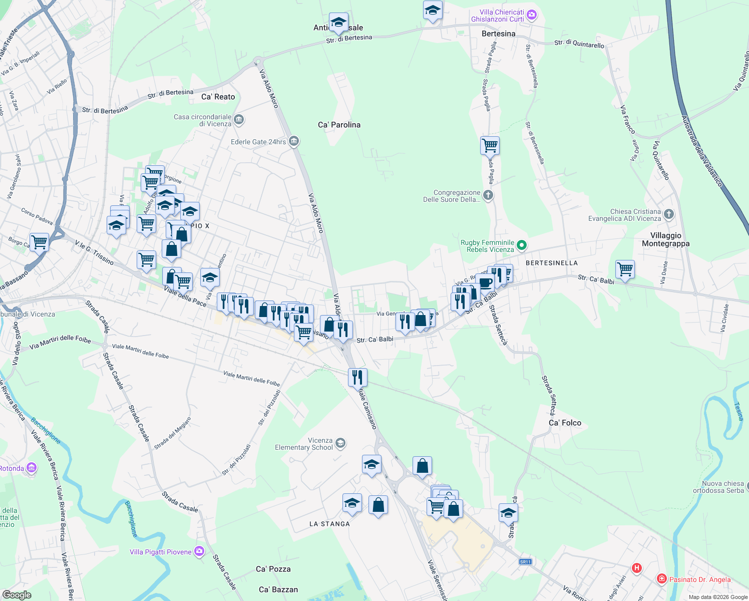 map of restaurants, bars, coffee shops, grocery stores, and more near 235 Via Generale Carlo Alberto dalla Chiesa in Vicenza