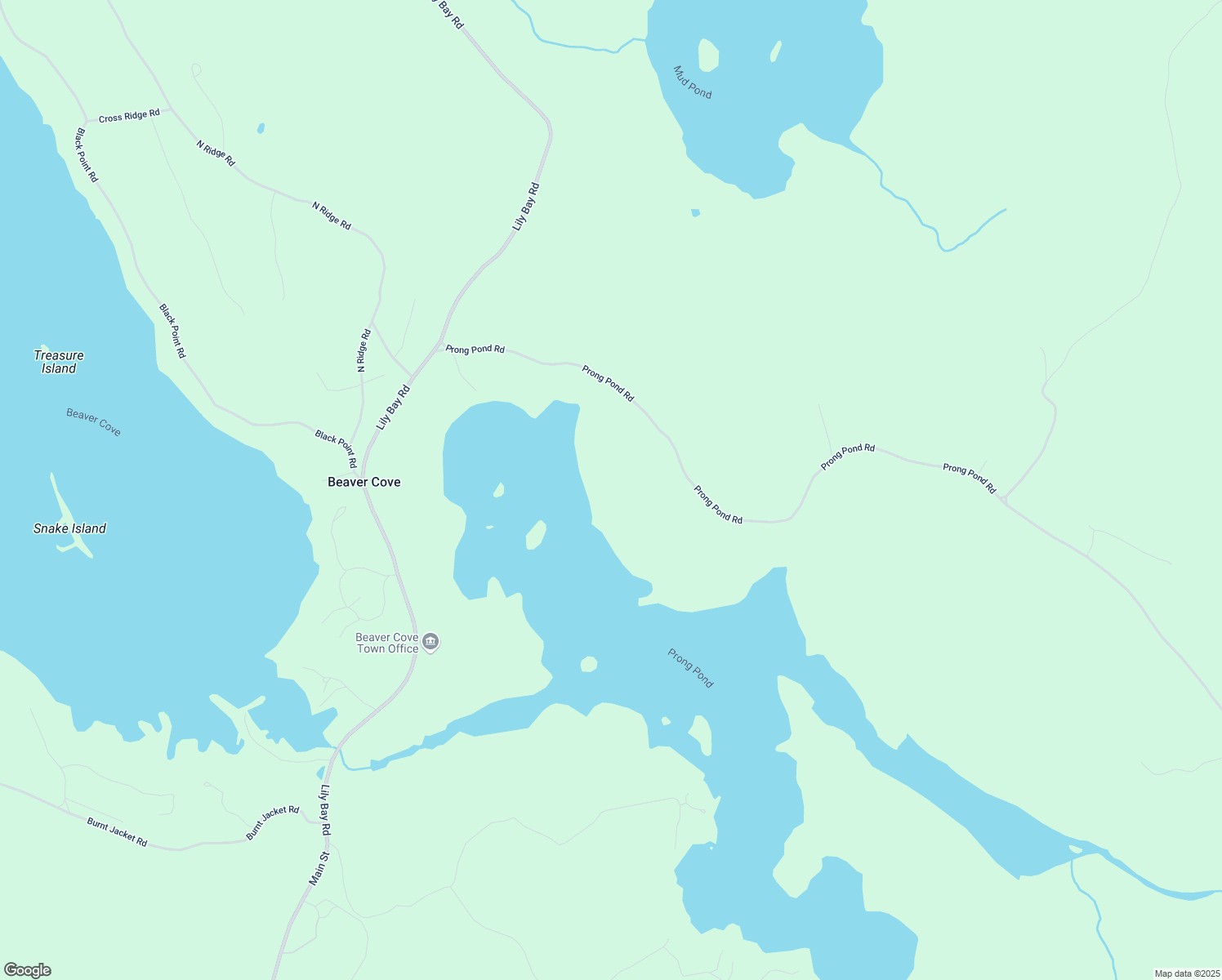 map of restaurants, bars, coffee shops, grocery stores, and more near Prong Pond Road in Beaver Cove