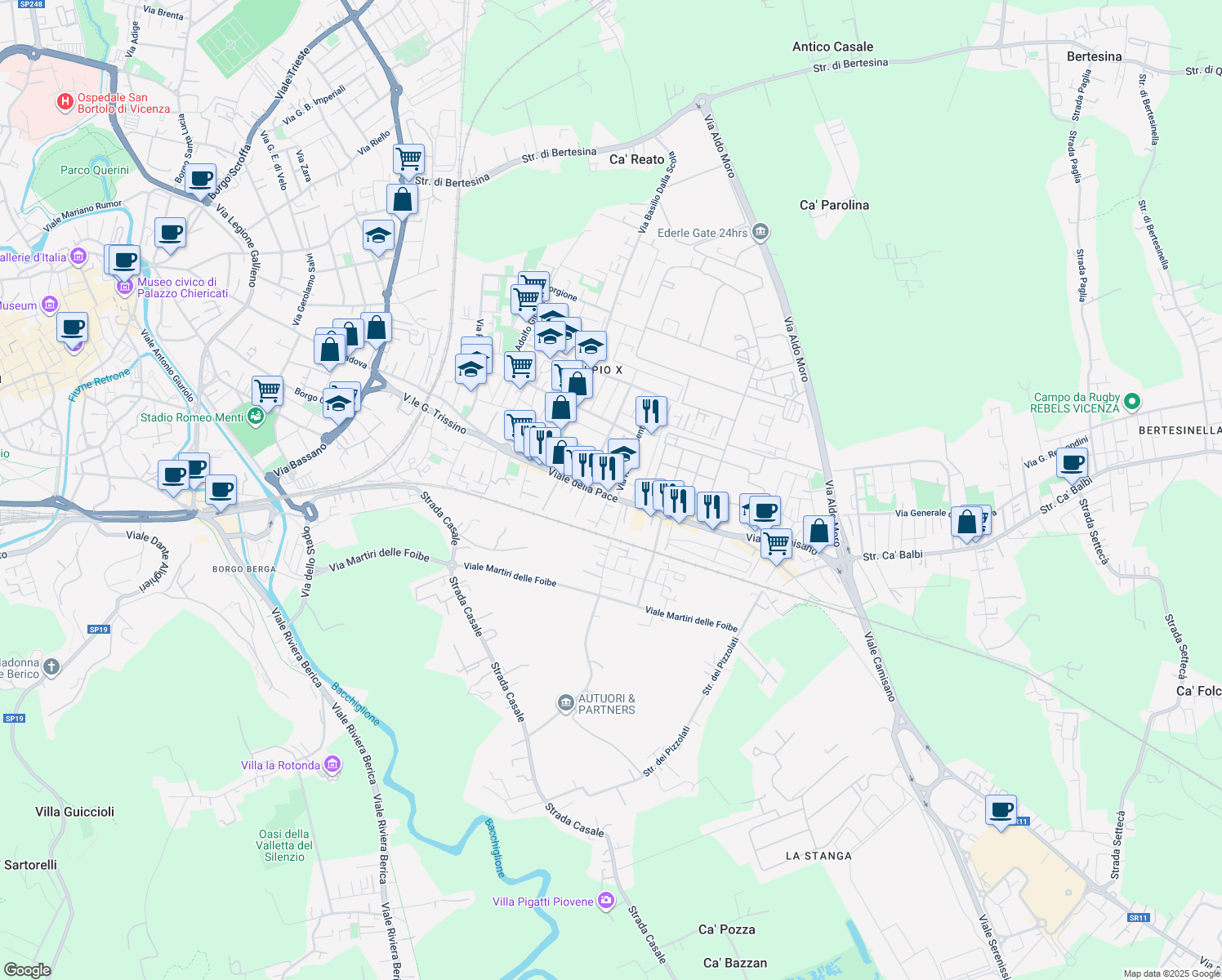 map of restaurants, bars, coffee shops, grocery stores, and more near 224 Viale della Pace in Vicenza