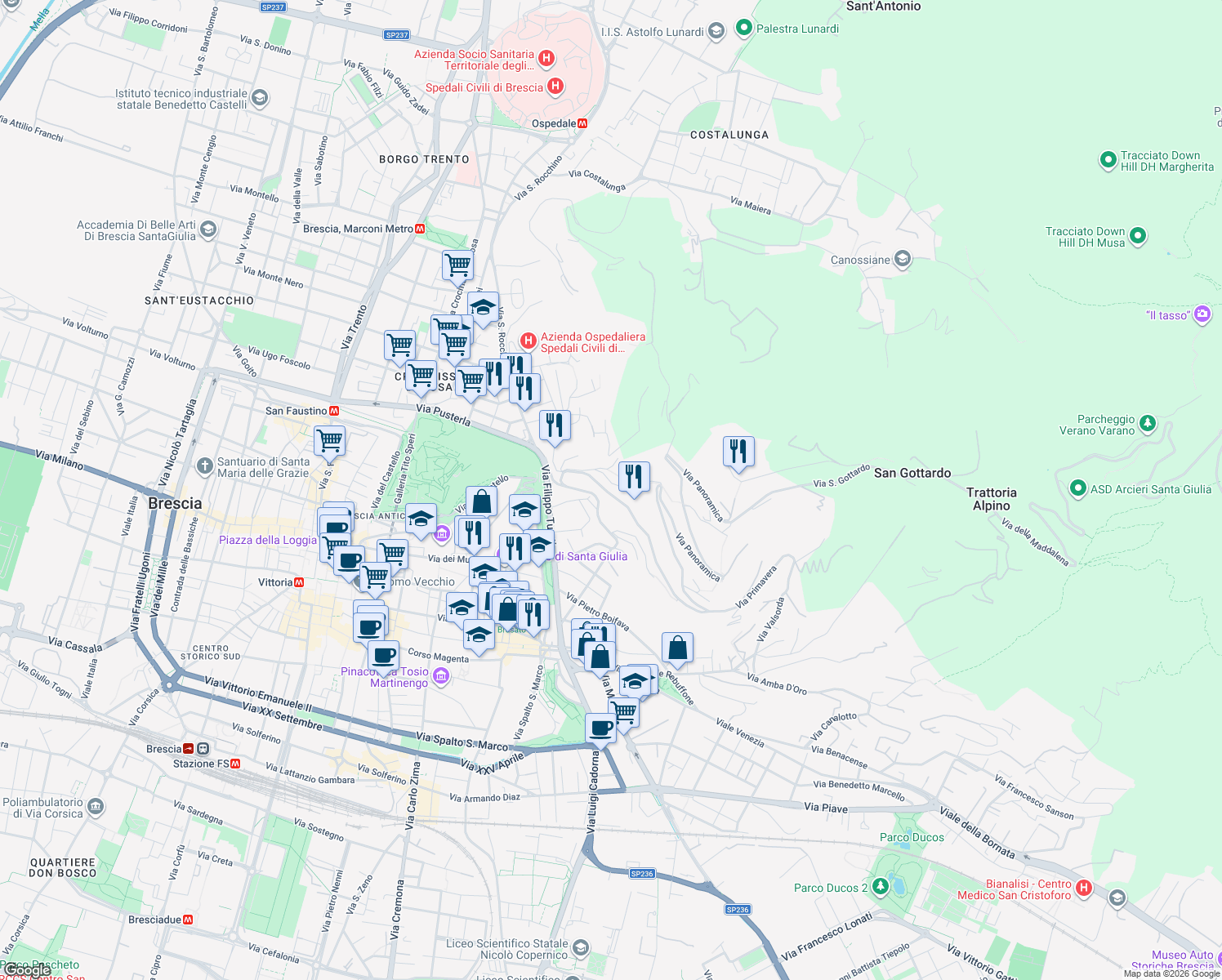 map of restaurants, bars, coffee shops, grocery stores, and more near 18 Via Panoramica dei Ronchi in Brescia