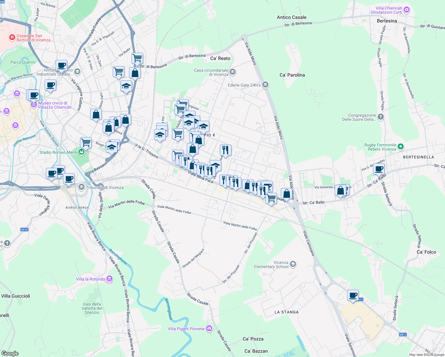 map of restaurants, bars, coffee shops, grocery stores, and more near 236 Viale della Pace in Vicenza