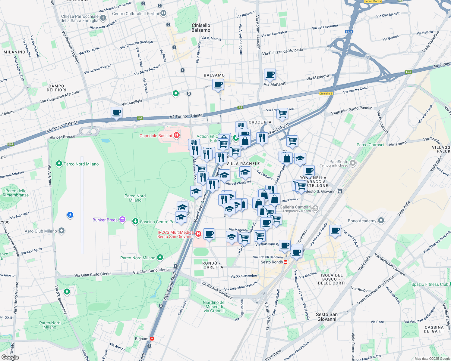 map of restaurants, bars, coffee shops, grocery stores, and more near 16 Via R. Giovagnoli in Cinisello Balsamo