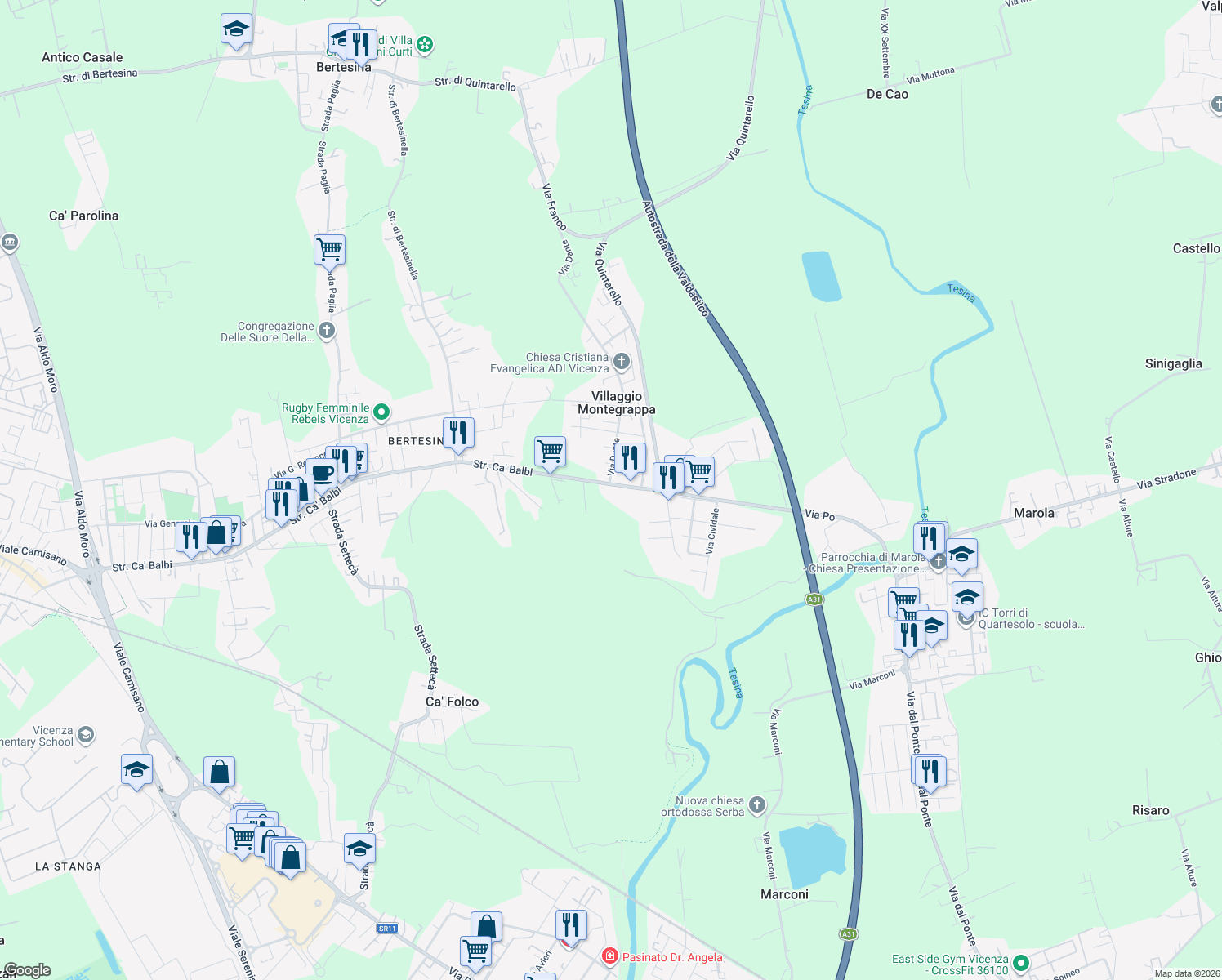 map of restaurants, bars, coffee shops, grocery stores, and more near 6 Via Ca' Balbi in Villaggio Montegrappa