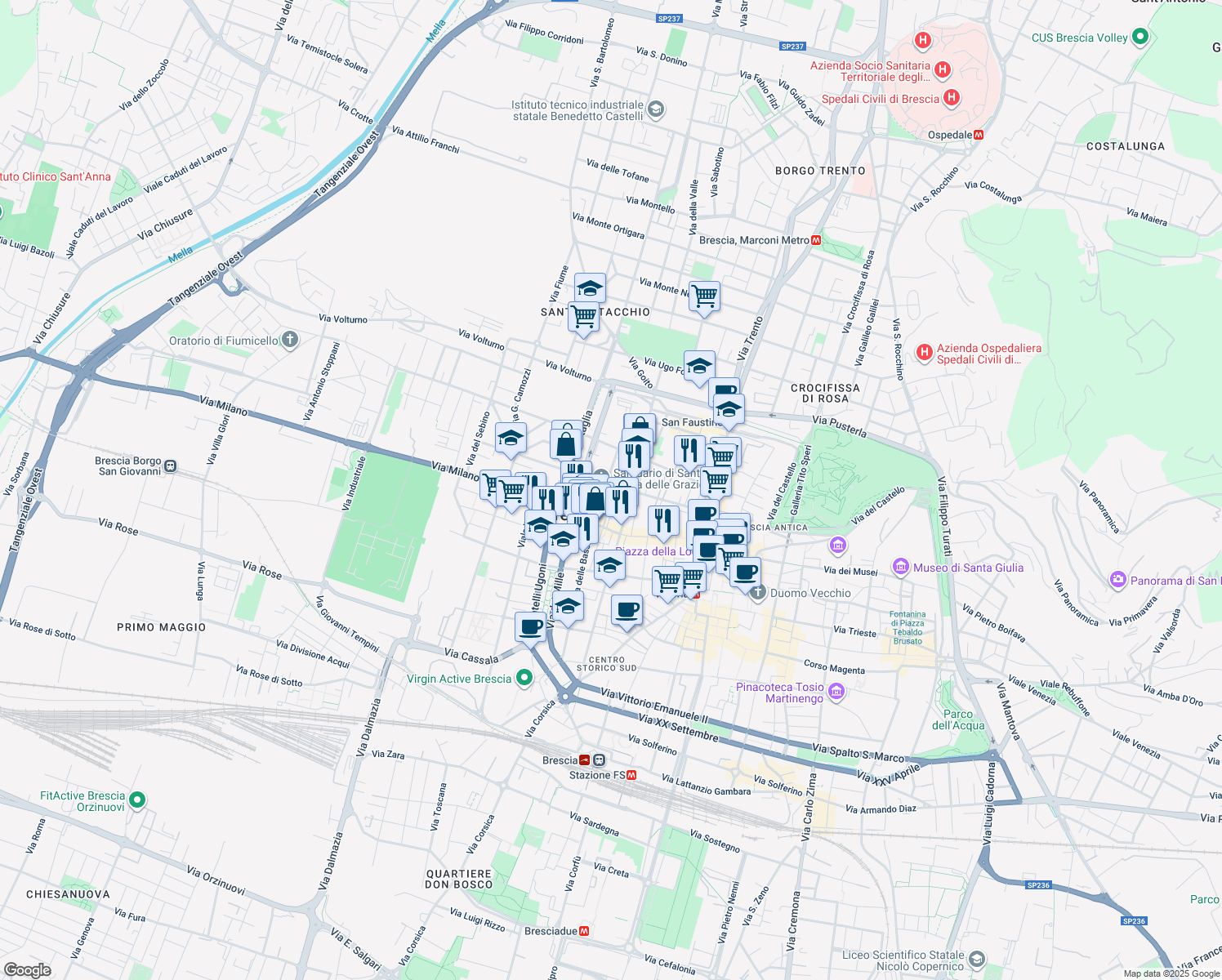 map of restaurants, bars, coffee shops, grocery stores, and more near 27 Vicolo del Laghetto in Brescia