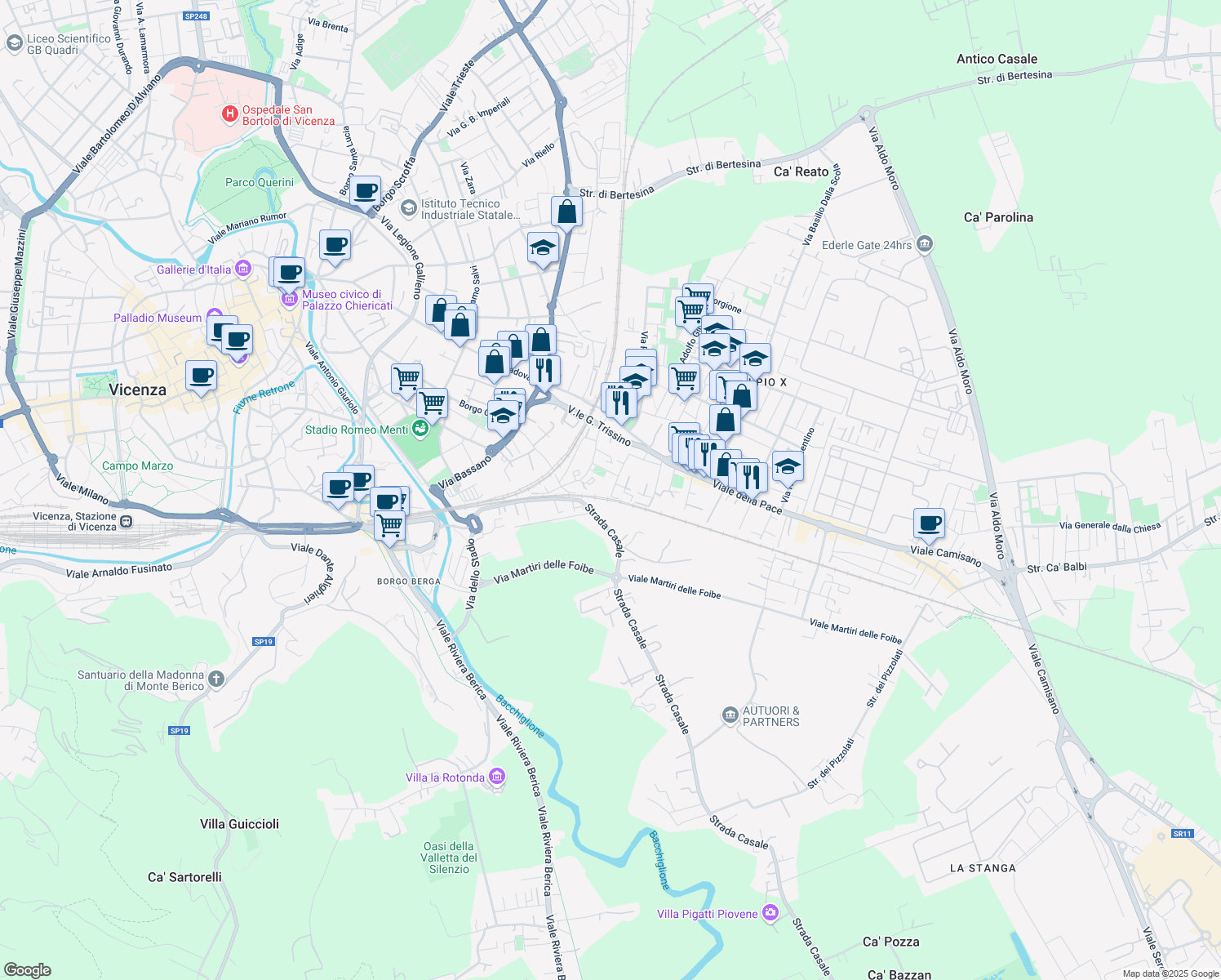 map of restaurants, bars, coffee shops, grocery stores, and more near Via N. Smereglo in Vicenza