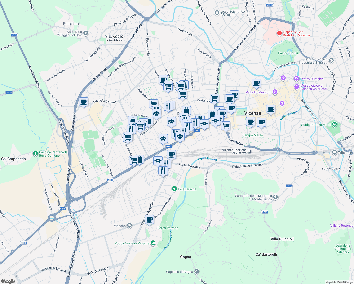 map of restaurants, bars, coffee shops, grocery stores, and more near 22 Viale Verona in Vicenza