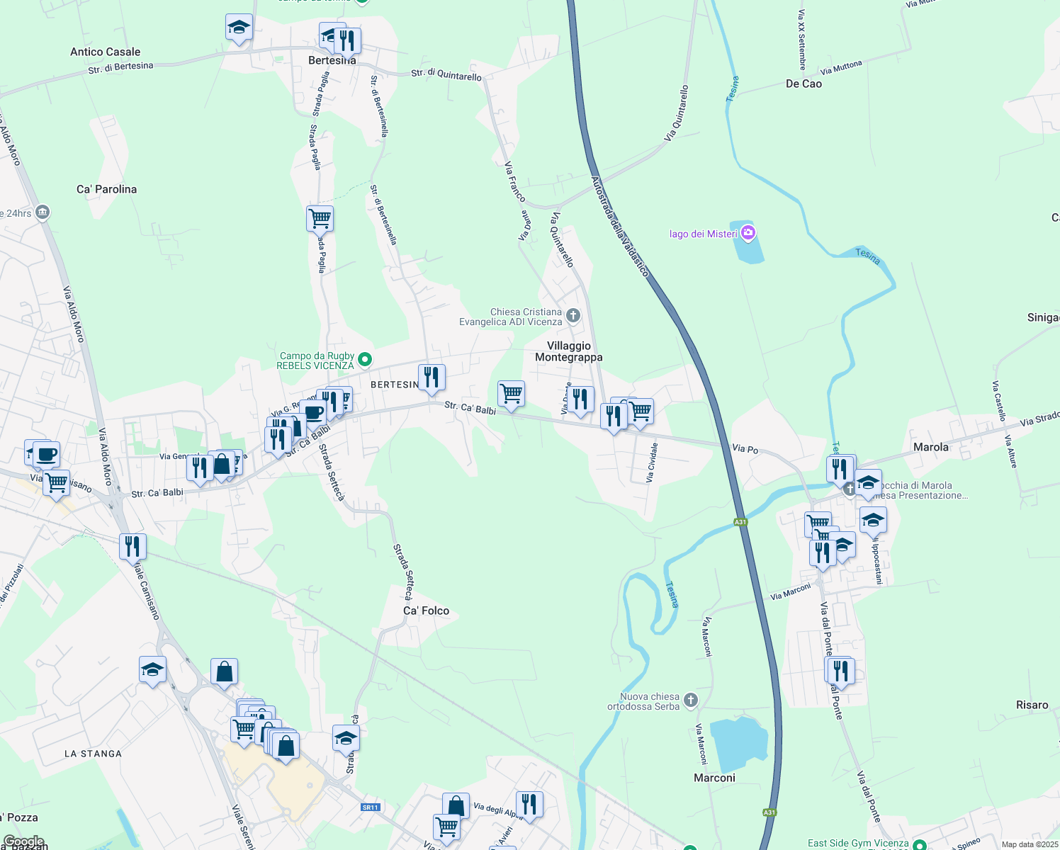 map of restaurants, bars, coffee shops, grocery stores, and more near 93 Via Po in Provincia di Vicenza