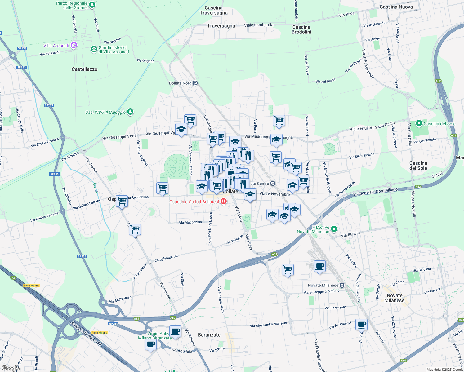 map of restaurants, bars, coffee shops, grocery stores, and more near 22 Piazza Generale Carlo Alberto dalla Chiesa in Bollate