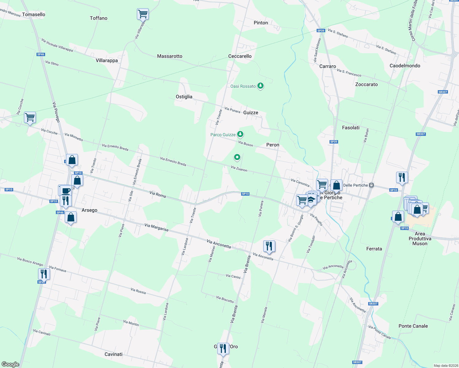 map of restaurants, bars, coffee shops, grocery stores, and more near 230/3 Via Roma in San Giorgio delle Pertiche