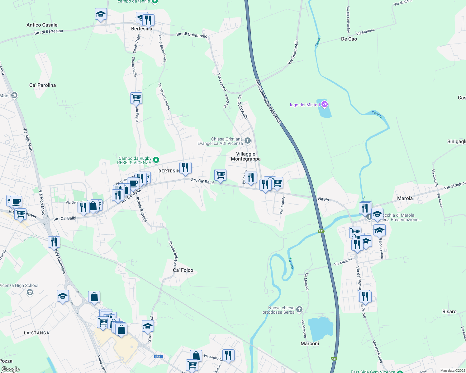 map of restaurants, bars, coffee shops, grocery stores, and more near 93 Via Po in Provincia di Vicenza