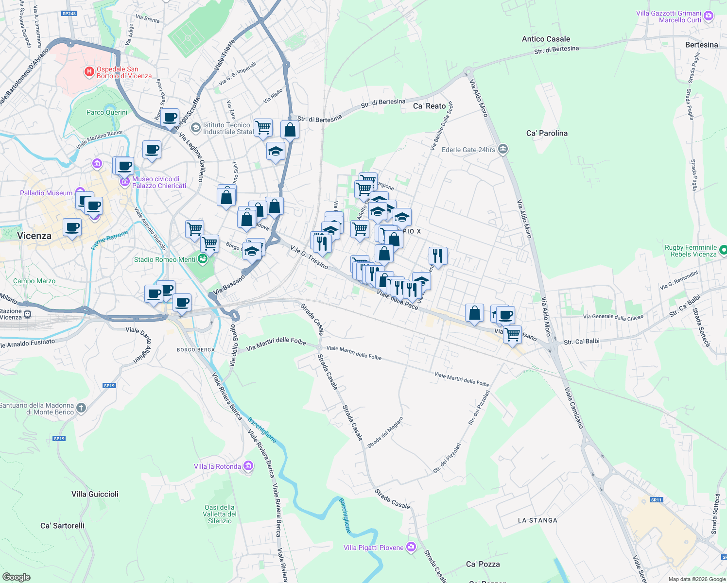 map of restaurants, bars, coffee shops, grocery stores, and more near 10 Via Zaccaria Ferreri in Vicenza