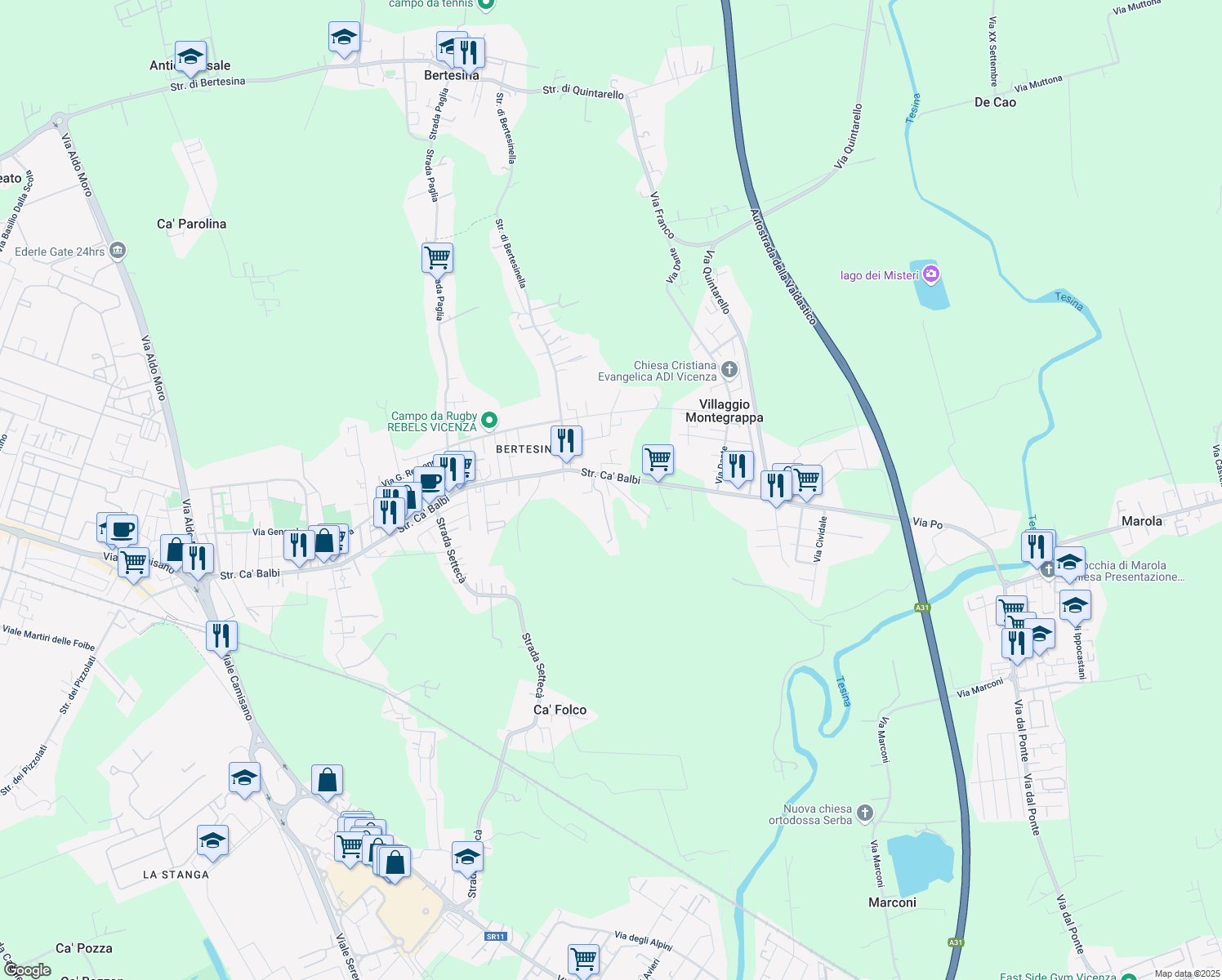 map of restaurants, bars, coffee shops, grocery stores, and more near 468 Strada Ca' Balbi in Vicenza