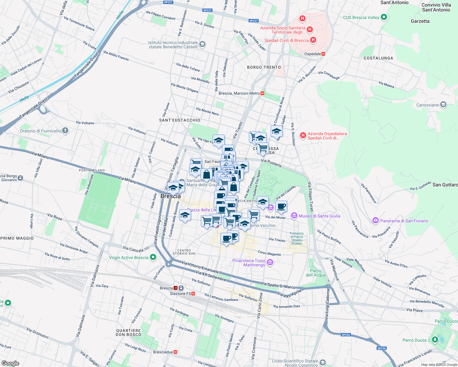 map of restaurants, bars, coffee shops, grocery stores, and more near in Brescia