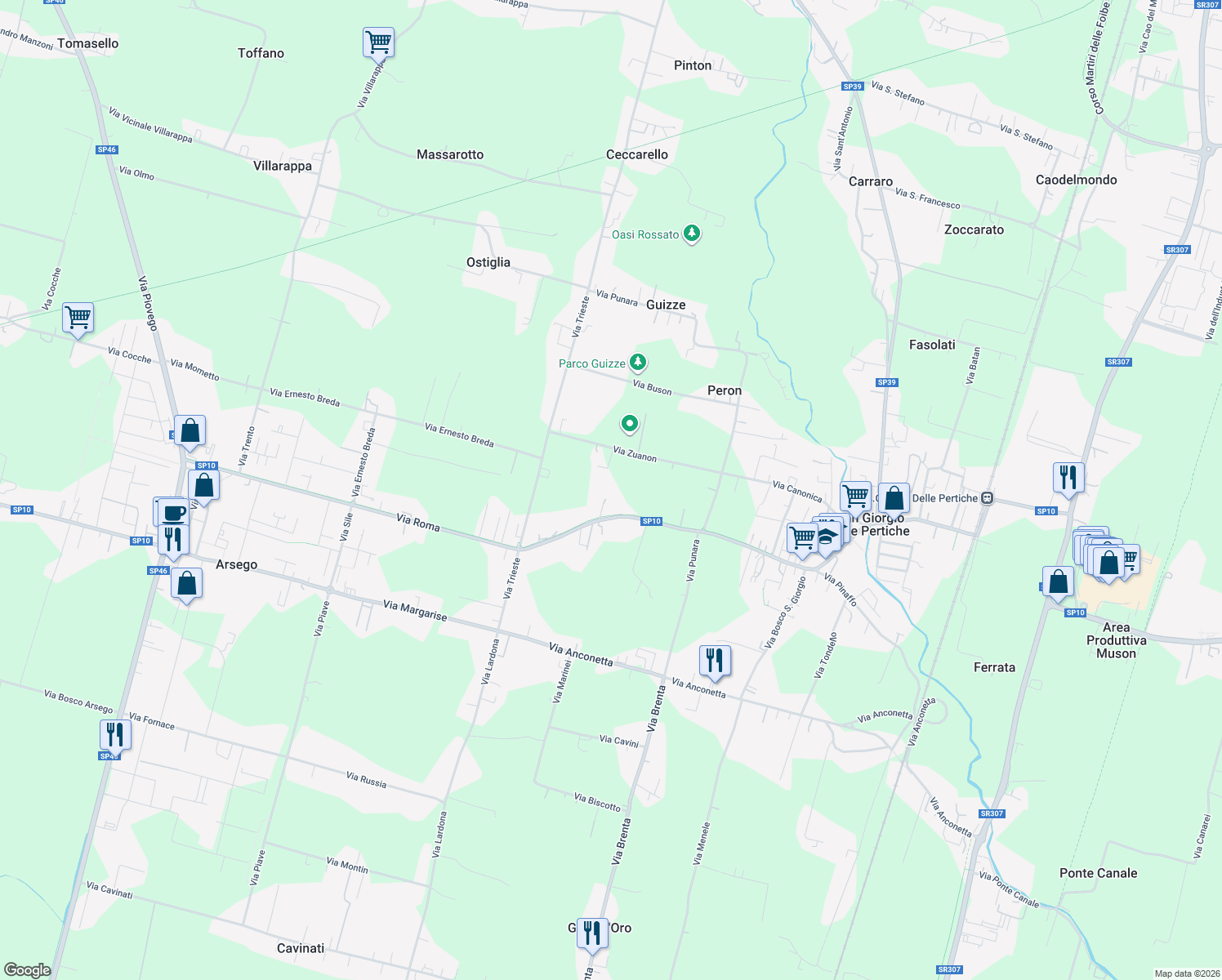 map of restaurants, bars, coffee shops, grocery stores, and more near 230/3 Via Roma in San Giorgio delle Pertiche