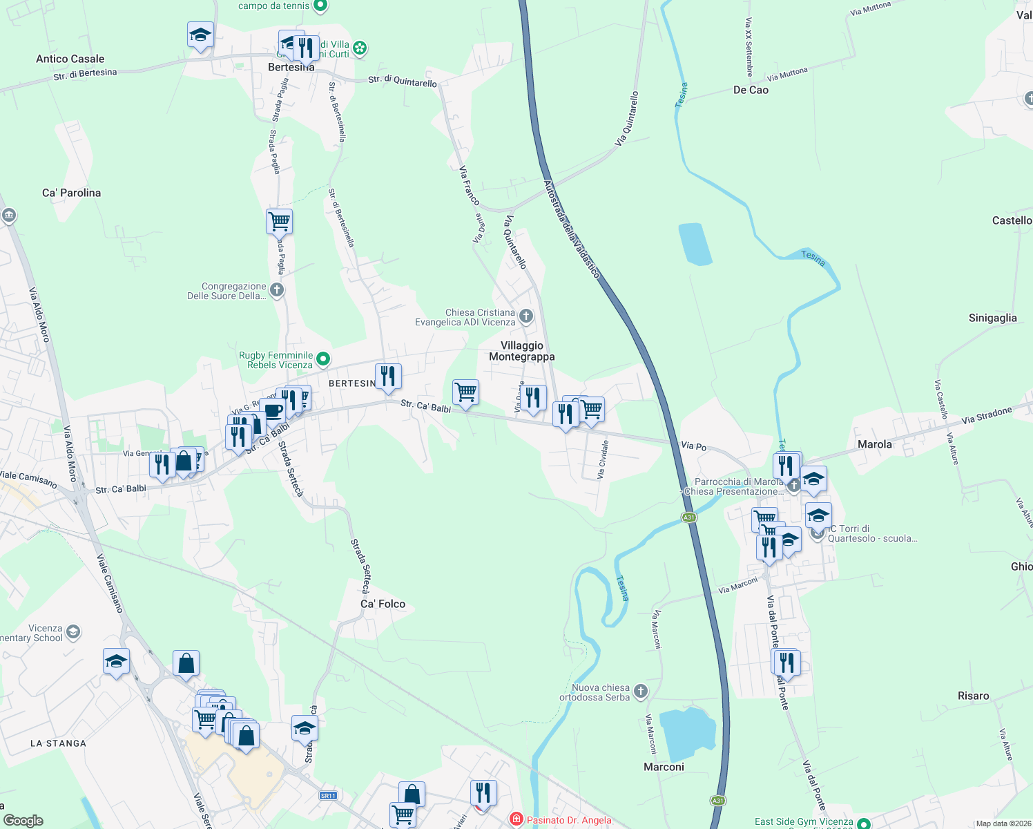 map of restaurants, bars, coffee shops, grocery stores, and more near 6 Via Cà Balbi in Villaggio Montegrappa