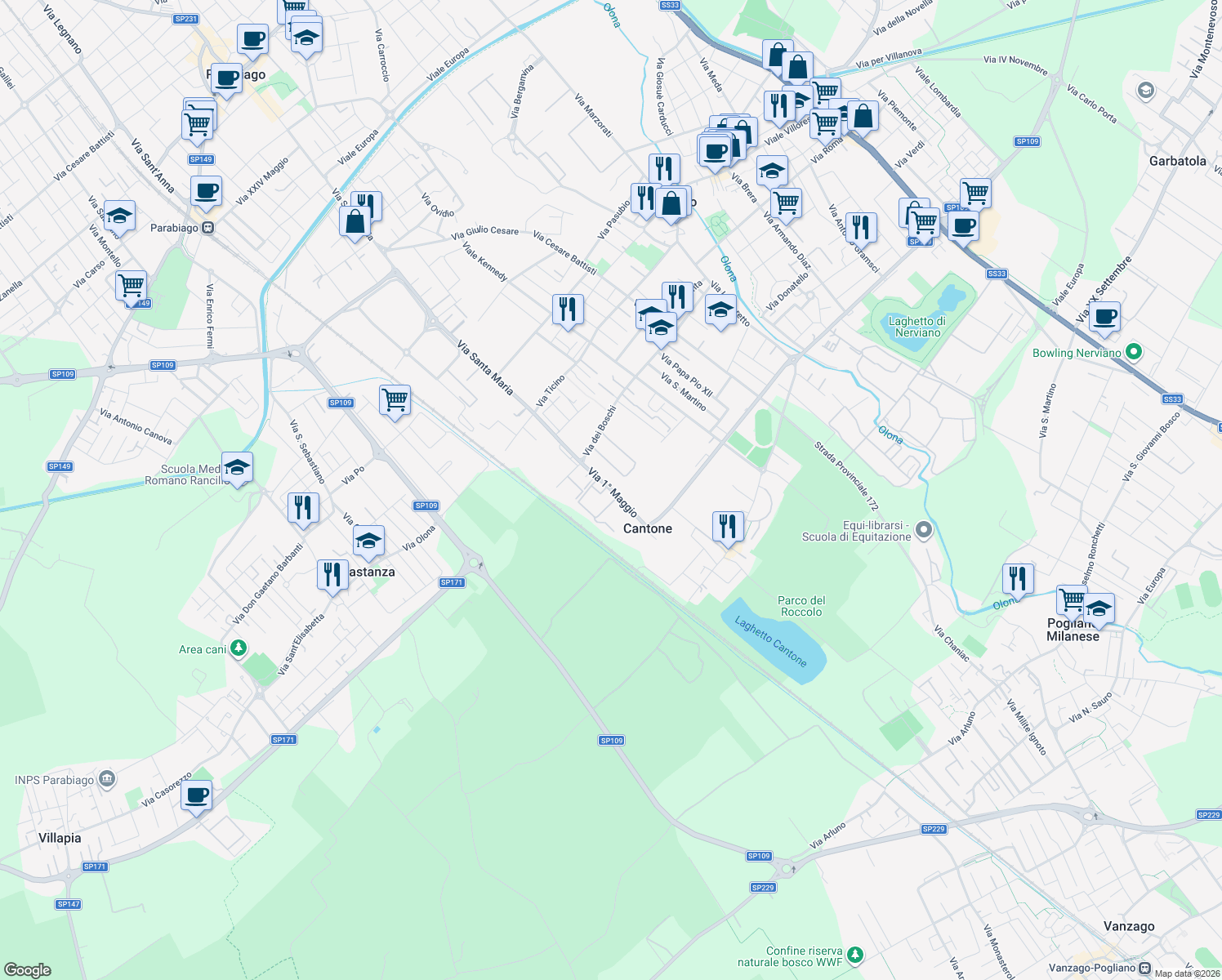 map of restaurants, bars, coffee shops, grocery stores, and more near 18 Via 1° Maggio in Nerviano