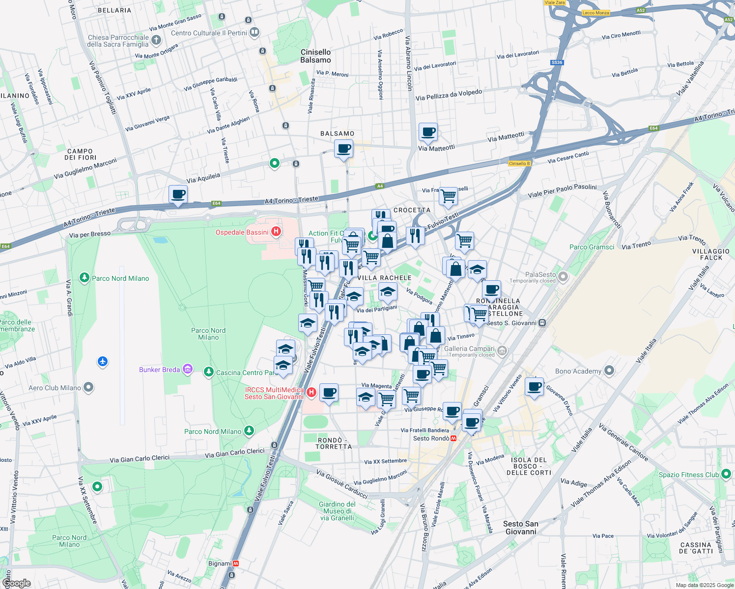 map of restaurants, bars, coffee shops, grocery stores, and more near 16 Via R. Giovagnoli in Cinisello Balsamo