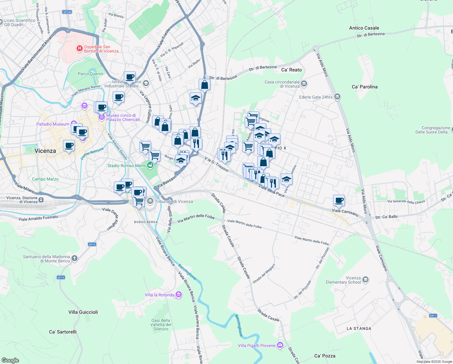 map of restaurants, bars, coffee shops, grocery stores, and more near 13 Via G. Dian in Vicenza