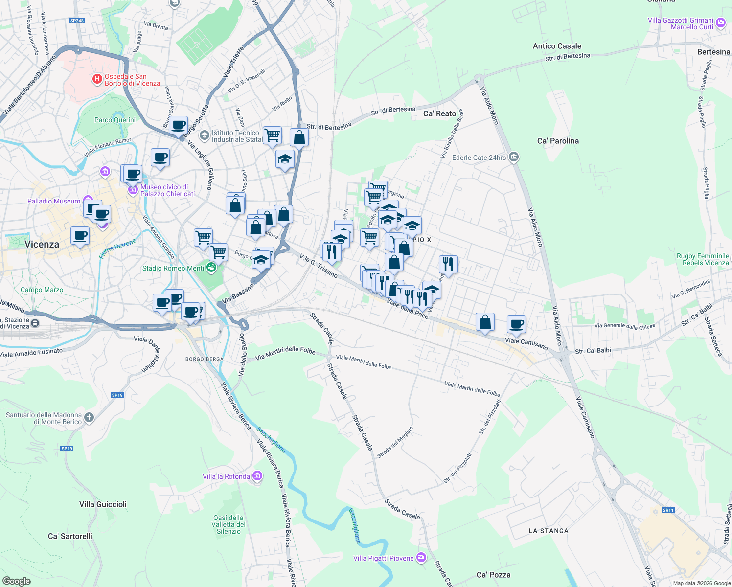map of restaurants, bars, coffee shops, grocery stores, and more near 10 Via Zaccaria Ferreri in Vicenza