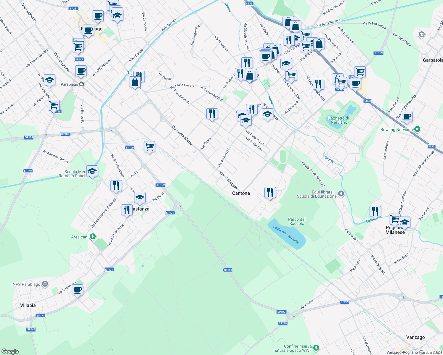 map of restaurants, bars, coffee shops, grocery stores, and more near 18 Via 1° Maggio in Nerviano