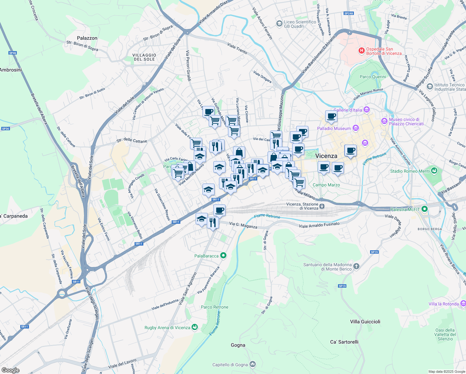 map of restaurants, bars, coffee shops, grocery stores, and more near 6 Viale Verona in Vicenza