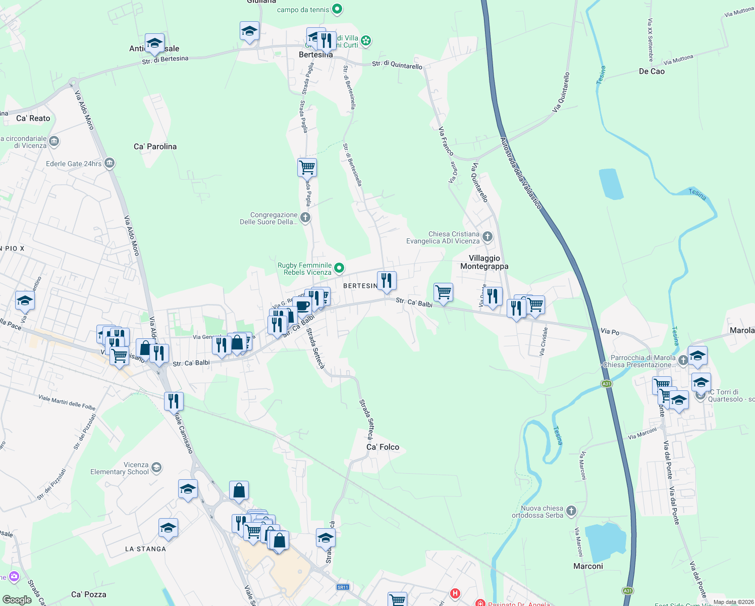 map of restaurants, bars, coffee shops, grocery stores, and more near 402 Strada Ca' Balbi in Vicenza