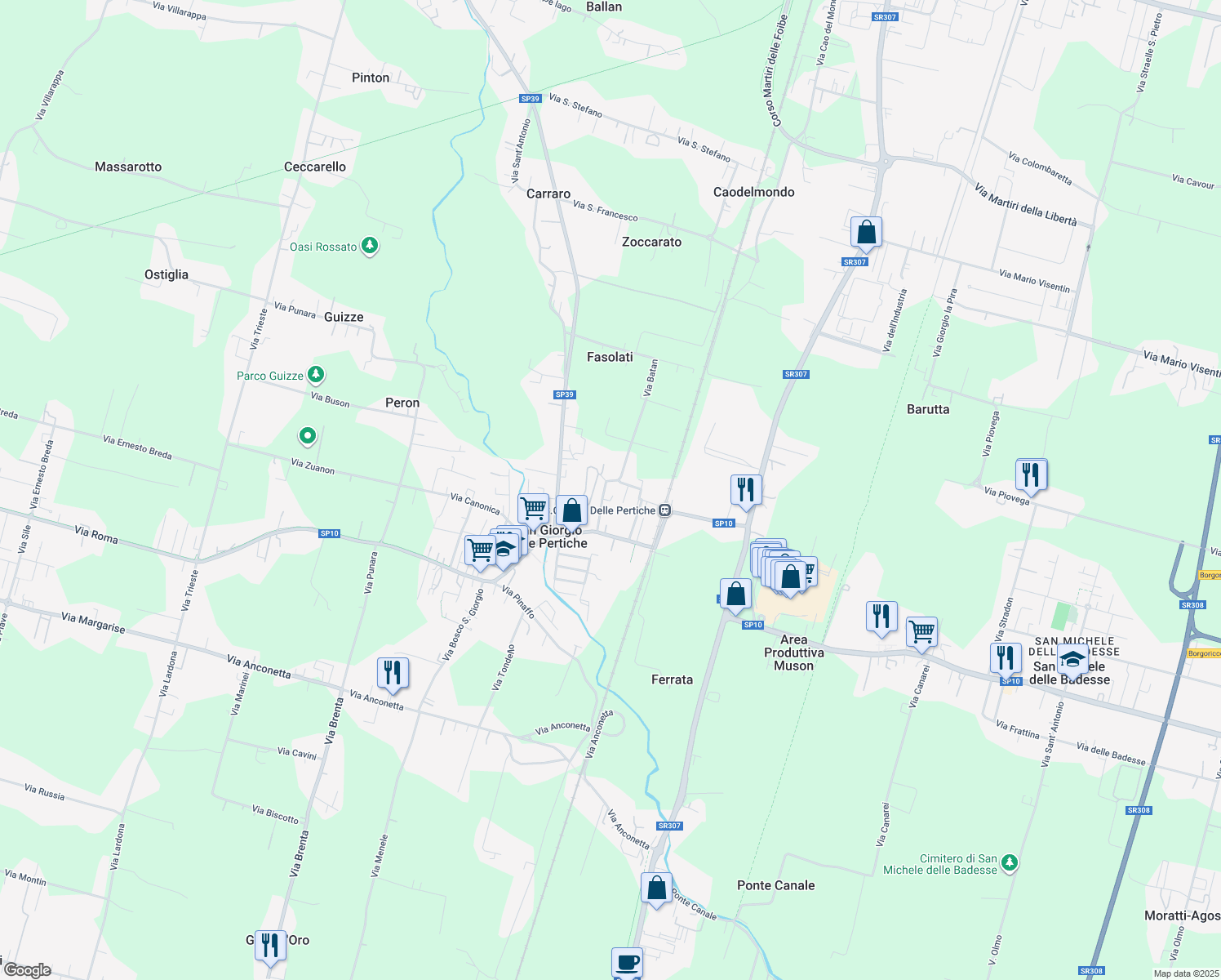 map of restaurants, bars, coffee shops, grocery stores, and more near 8 Via Batan in San Giorgio delle Pertiche