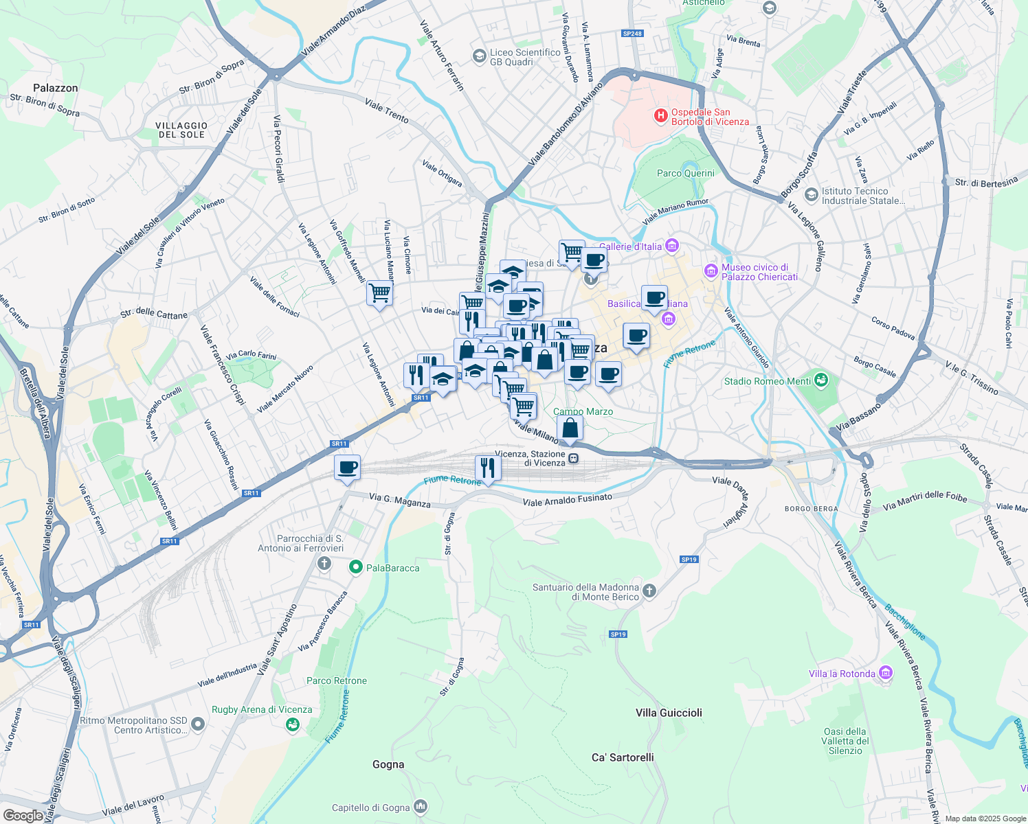 map of restaurants, bars, coffee shops, grocery stores, and more near 138 Viale Milano in Vicenza