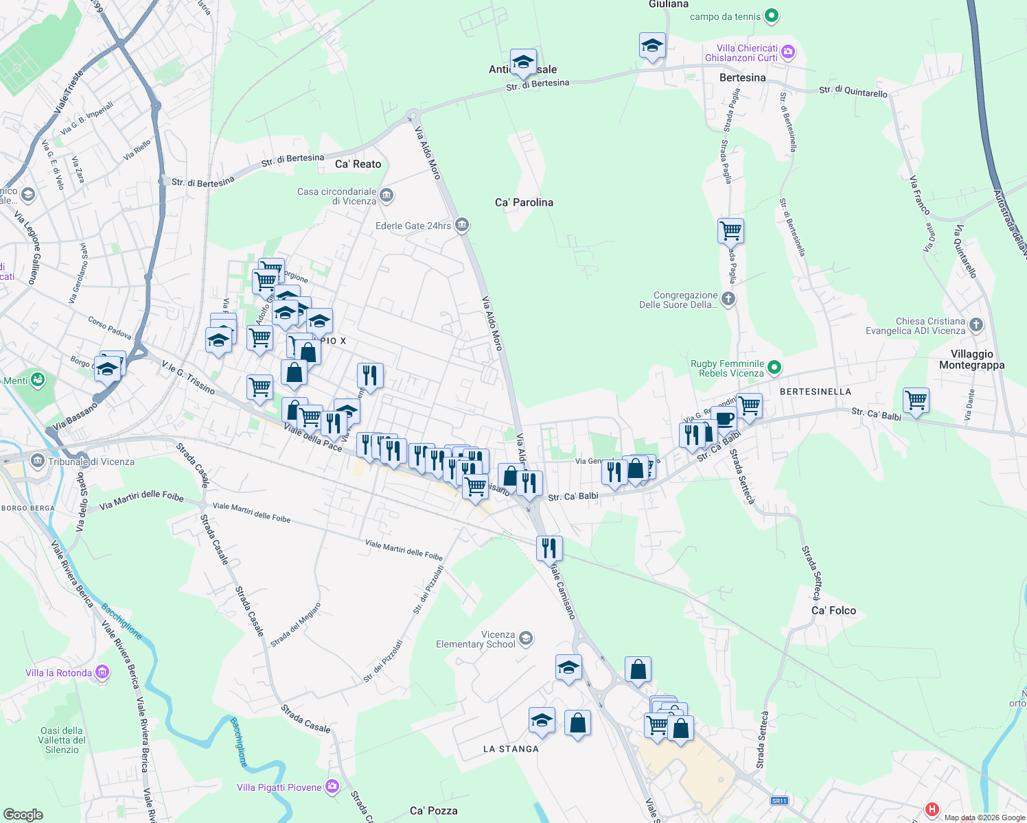 map of restaurants, bars, coffee shops, grocery stores, and more near 11 Via Sebastiano Scaramuzza in Vicenza