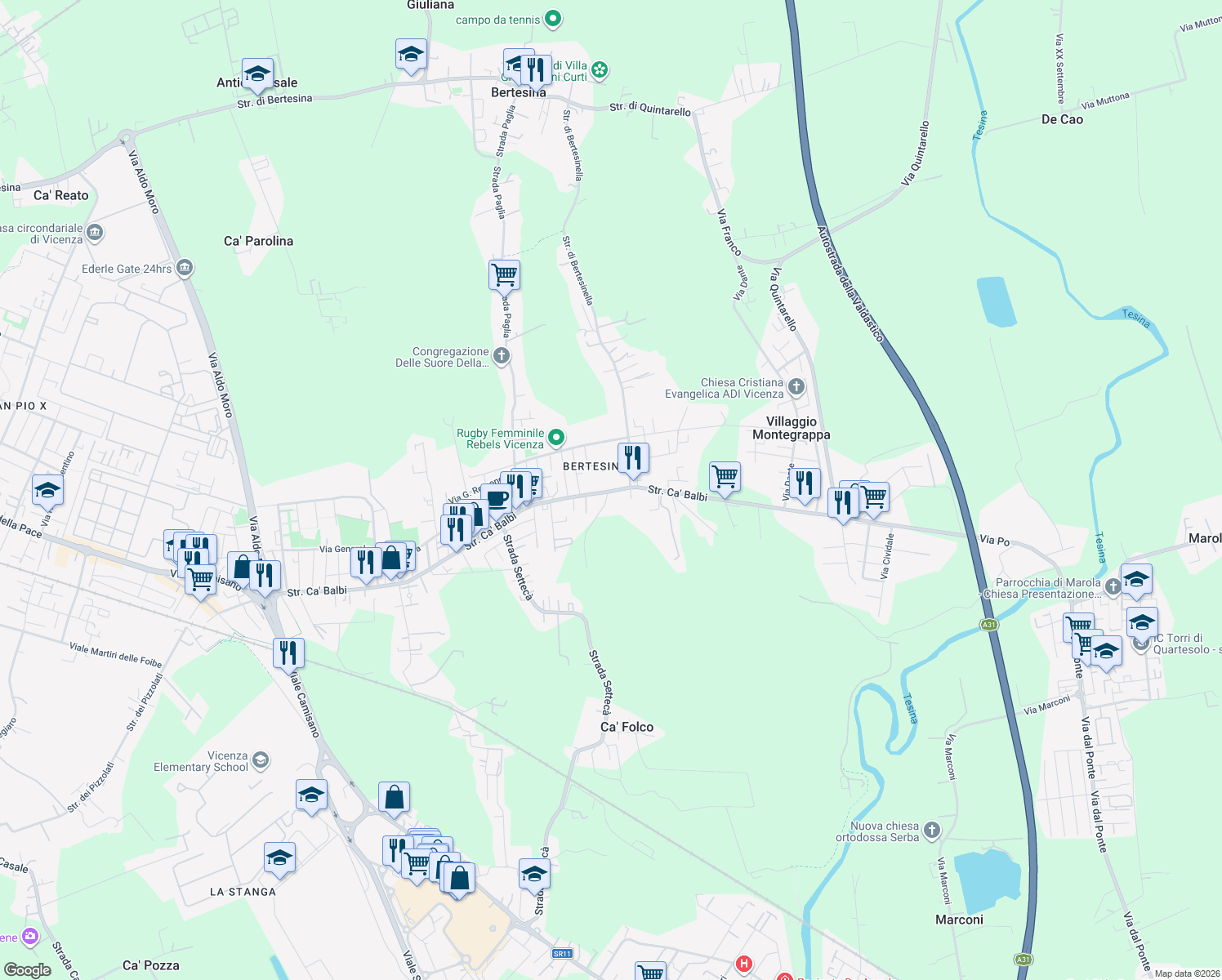 map of restaurants, bars, coffee shops, grocery stores, and more near 402 Strada di Ca' Balbi in Vicenza