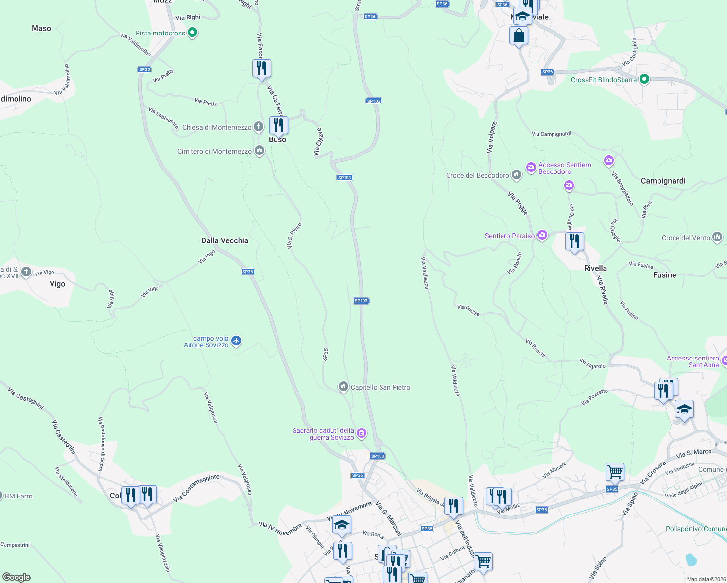 map of restaurants, bars, coffee shops, grocery stores, and more near 34 Via Valdiezza in Provincia di Vicenza