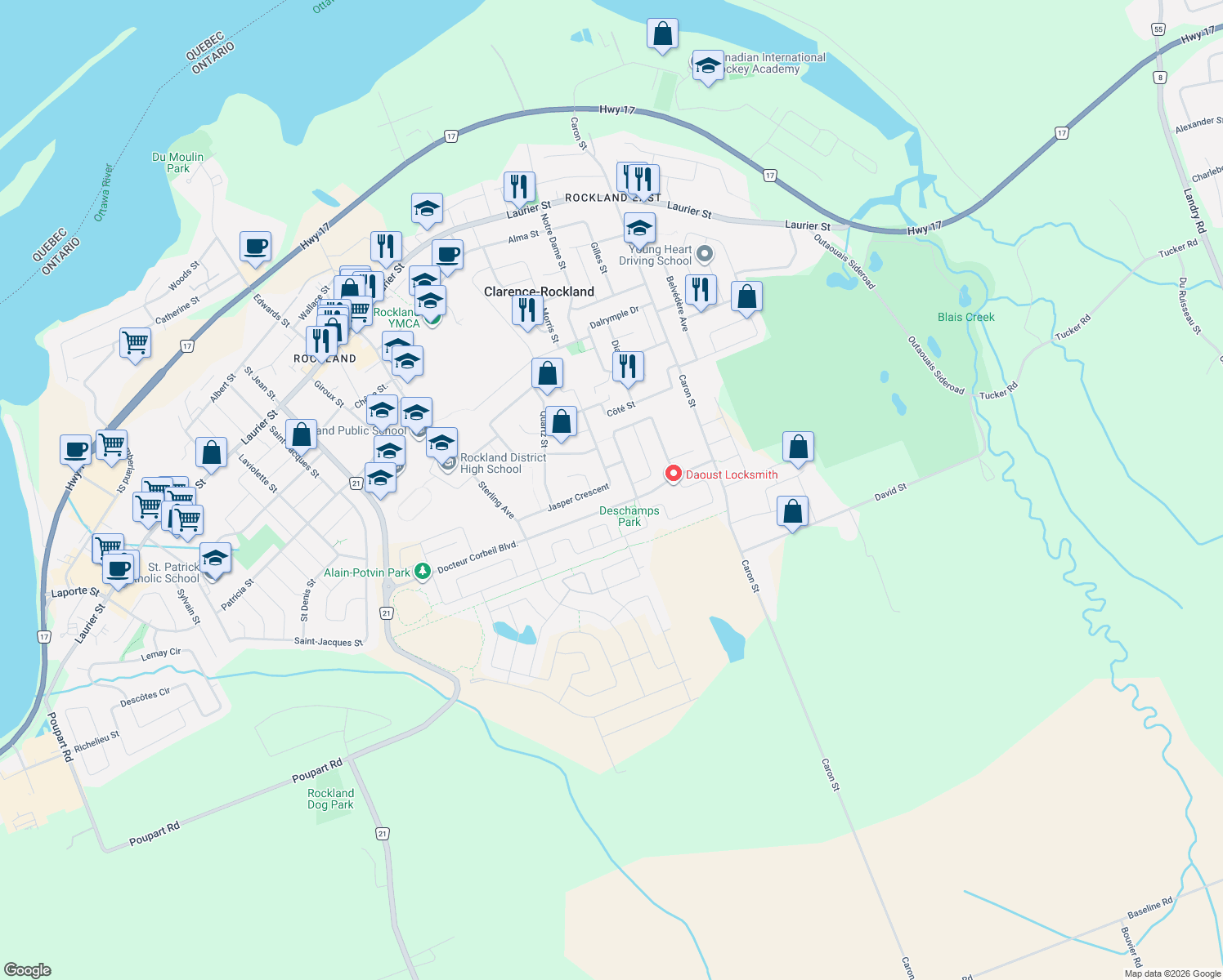 map of restaurants, bars, coffee shops, grocery stores, and more near 366 Jasper Crescent in Clarence-Rockland