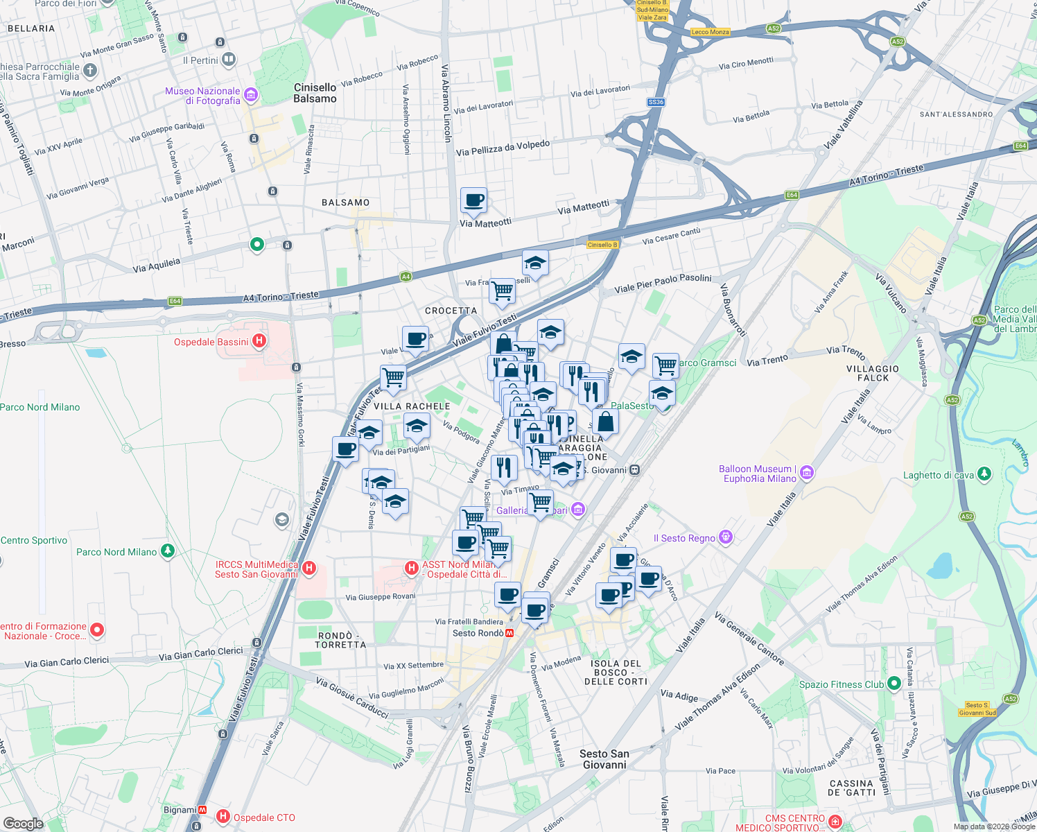map of restaurants, bars, coffee shops, grocery stores, and more near 7 Via Ugo Foscolo in Sesto San Giovanni
