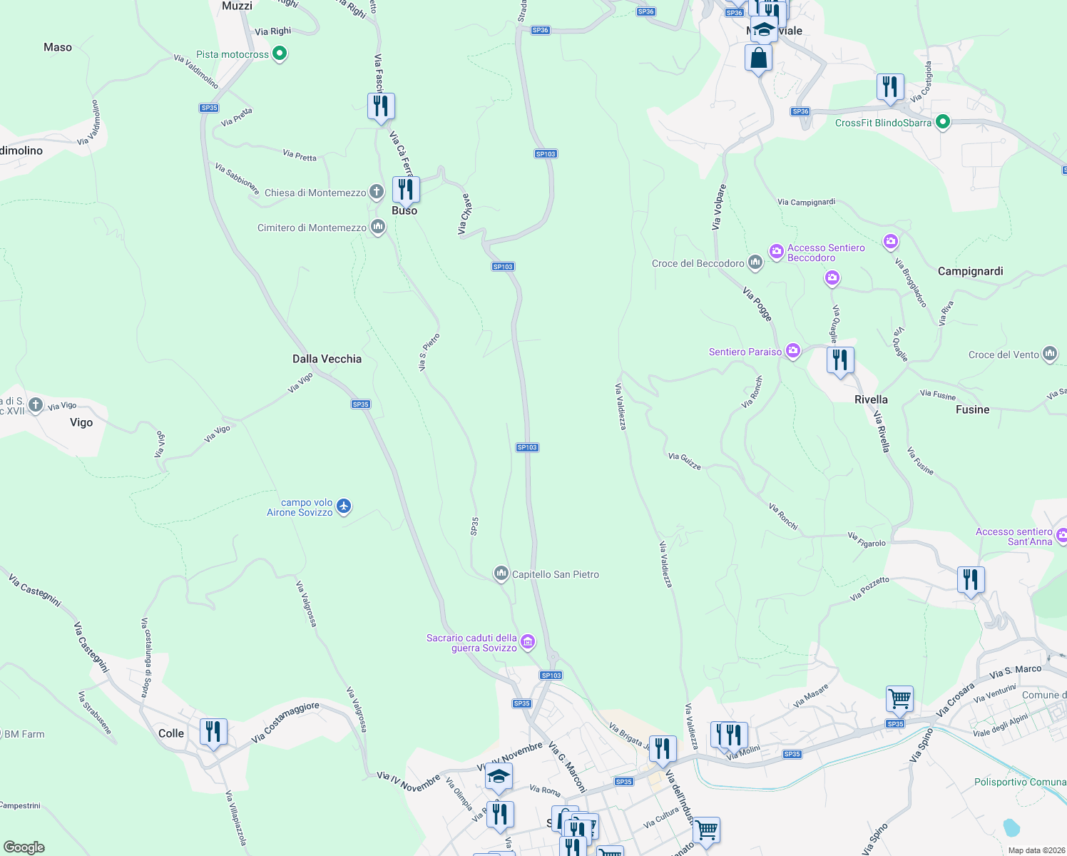 map of restaurants, bars, coffee shops, grocery stores, and more near 34 Via Valdiezza in Provincia di Vicenza