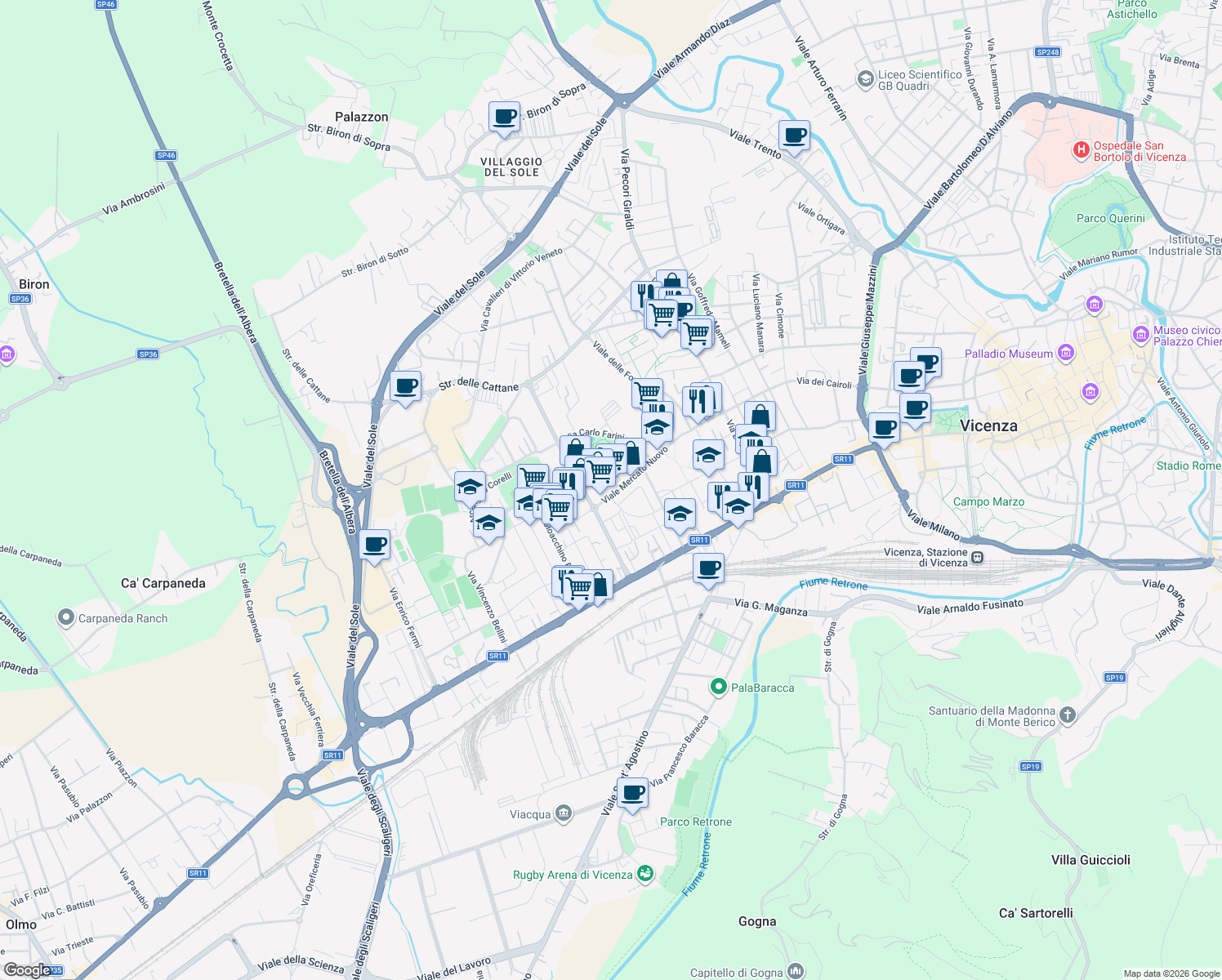 map of restaurants, bars, coffee shops, grocery stores, and more near 6 Viale del Mercato Nuovo in Vicenza