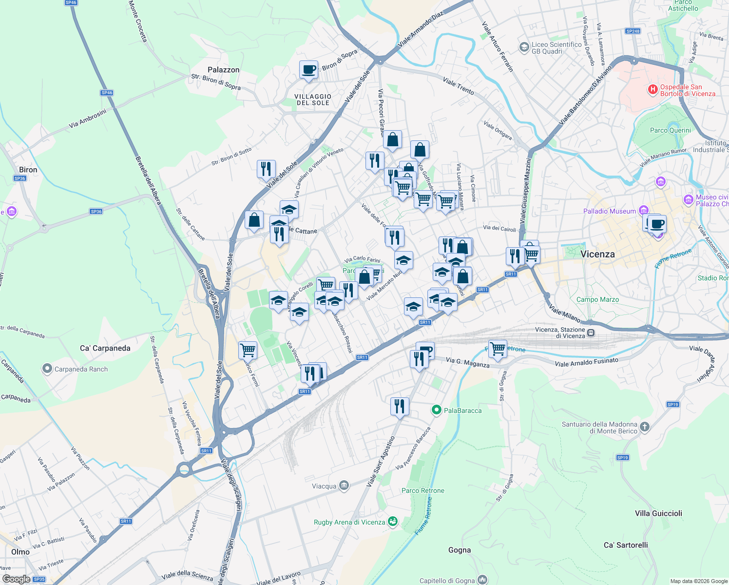 map of restaurants, bars, coffee shops, grocery stores, and more near 6 Viale del Mercato Nuovo in Vicenza