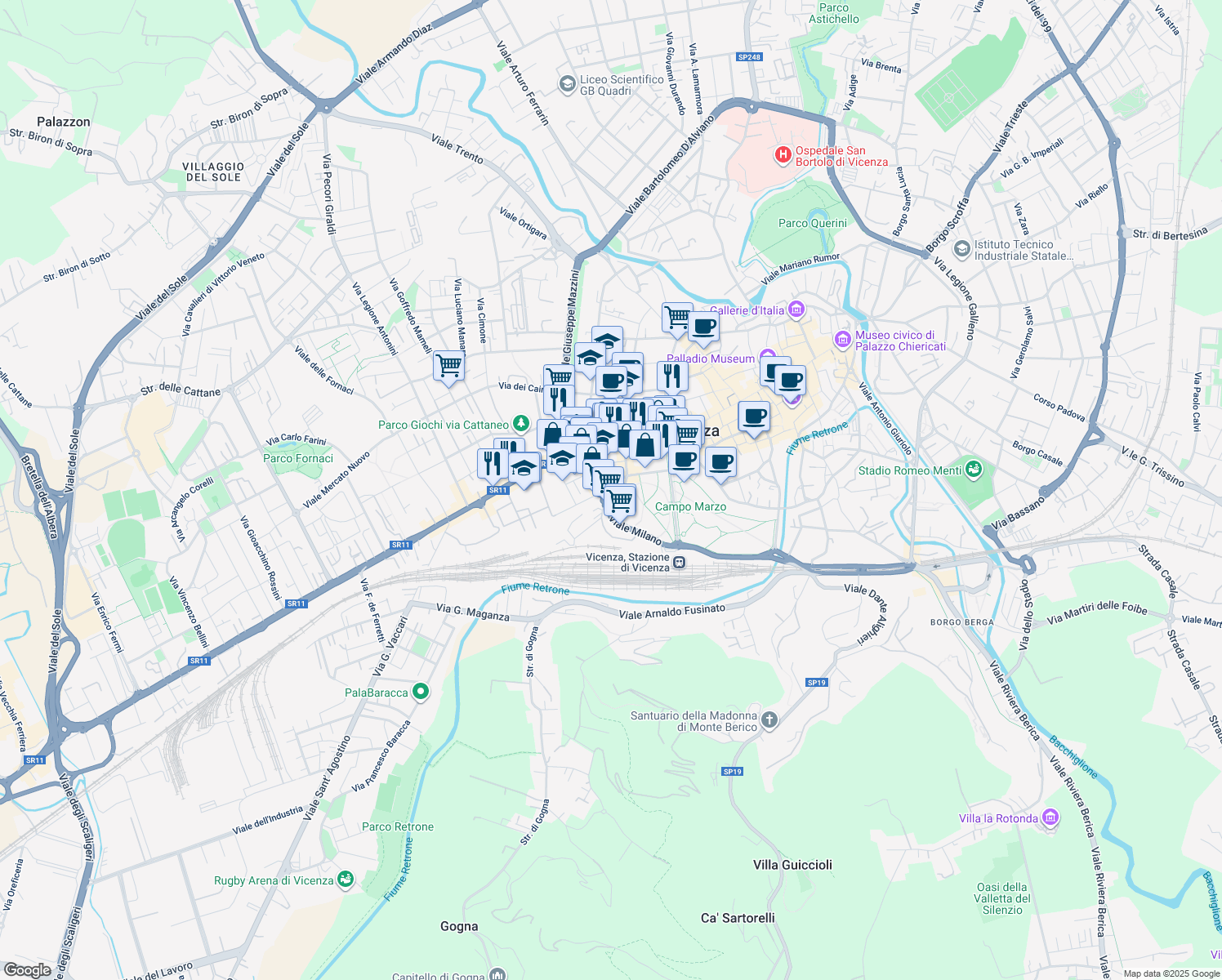 map of restaurants, bars, coffee shops, grocery stores, and more near 53 Viale Milano in Vicenza