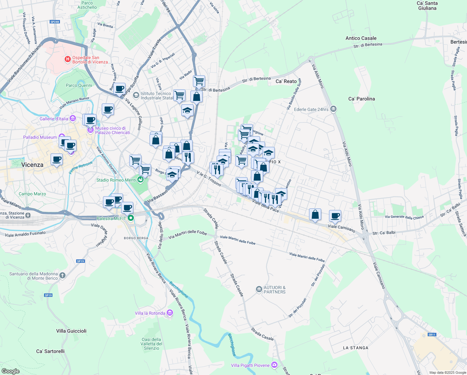 map of restaurants, bars, coffee shops, grocery stores, and more near 77 Viale della Pace in Vicenza