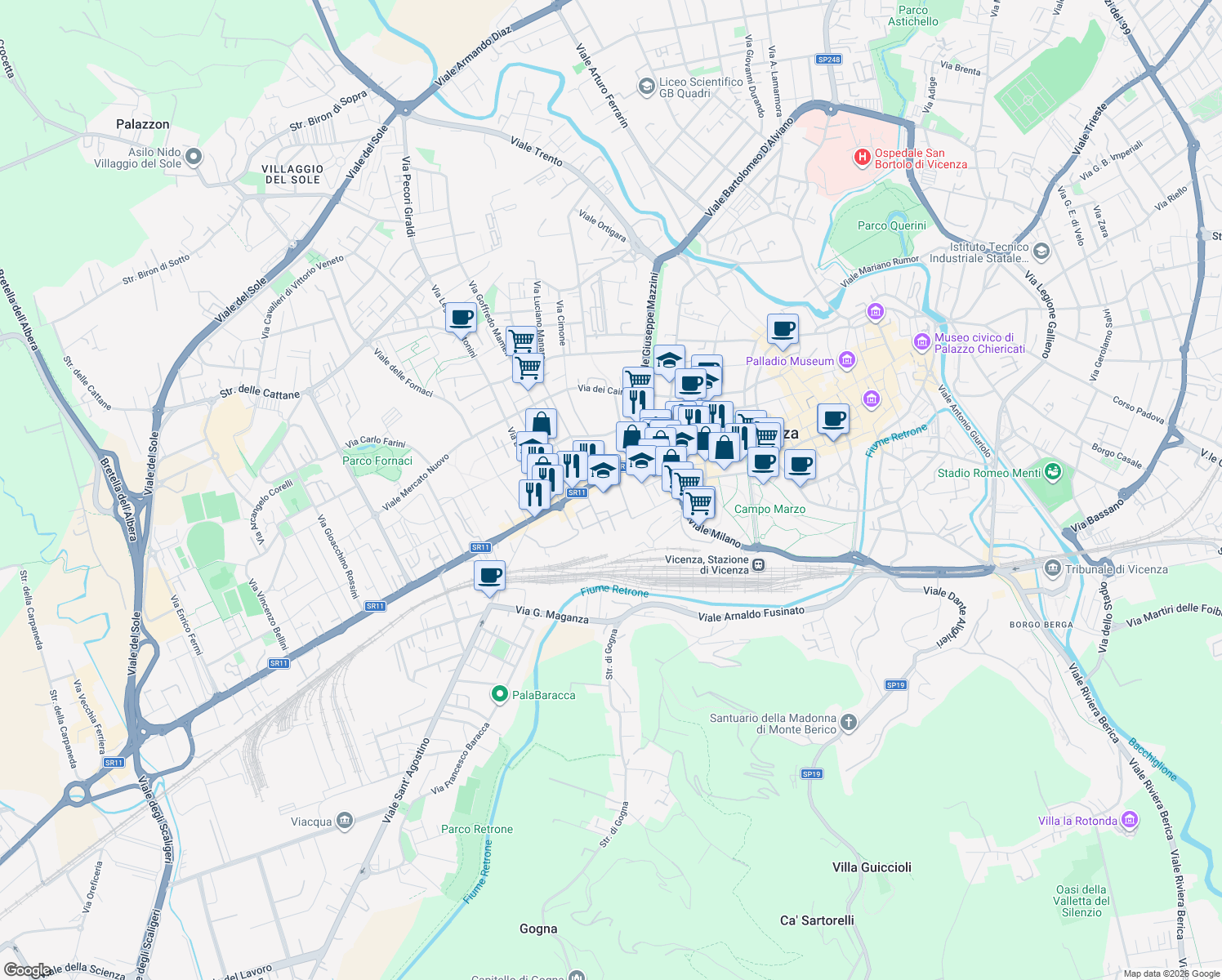 map of restaurants, bars, coffee shops, grocery stores, and more near 5 Via Torino in Vicenza