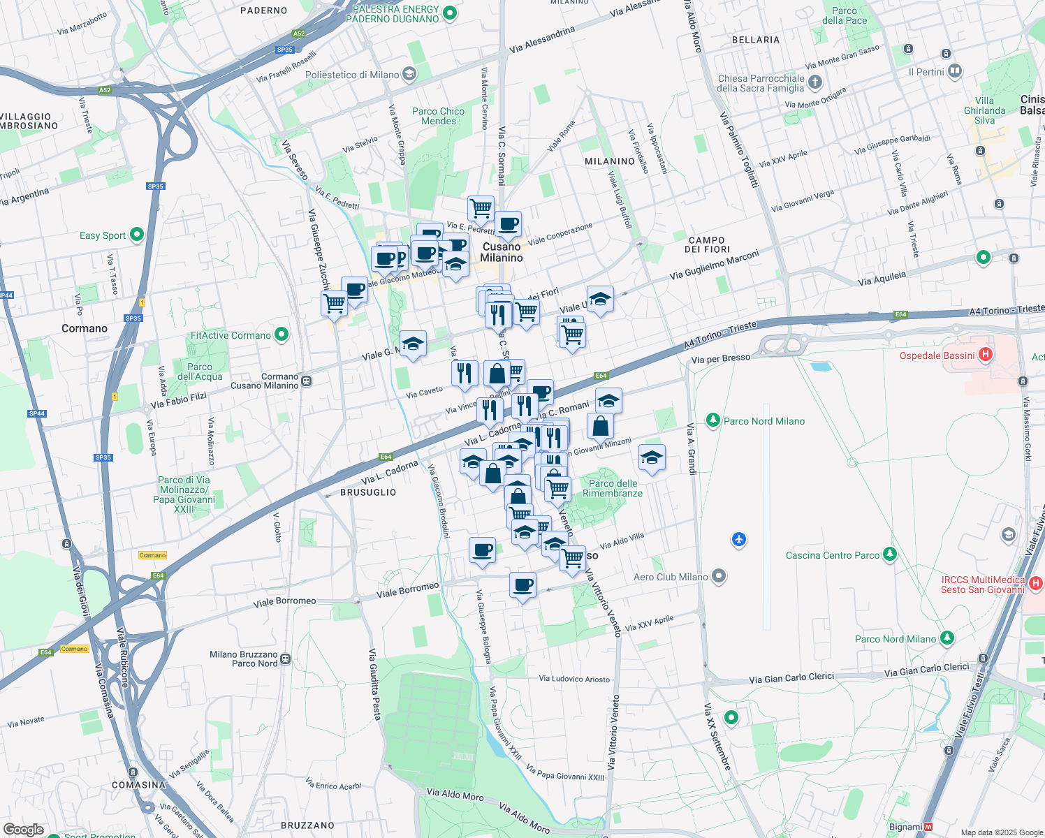 map of restaurants, bars, coffee shops, grocery stores, and more near 2 Via Vittorio Veneto in Cormano