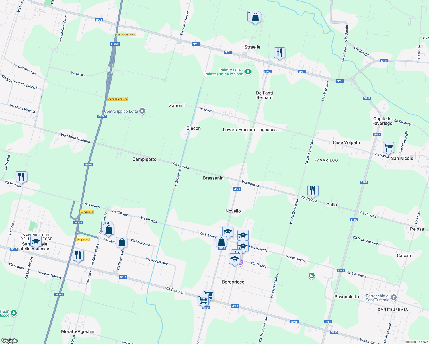 map of restaurants, bars, coffee shops, grocery stores, and more near 144 Via Pelosa in Bressanin