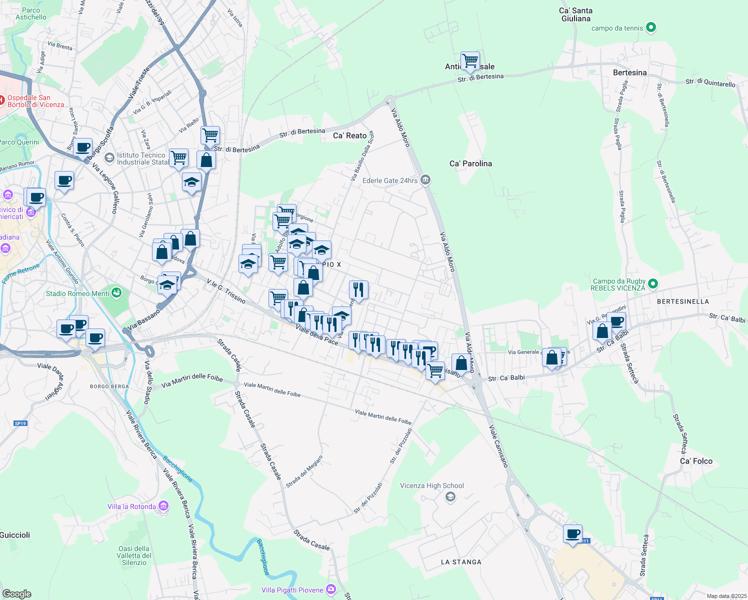 map of restaurants, bars, coffee shops, grocery stores, and more near 103 Via Casermette in Vicenza