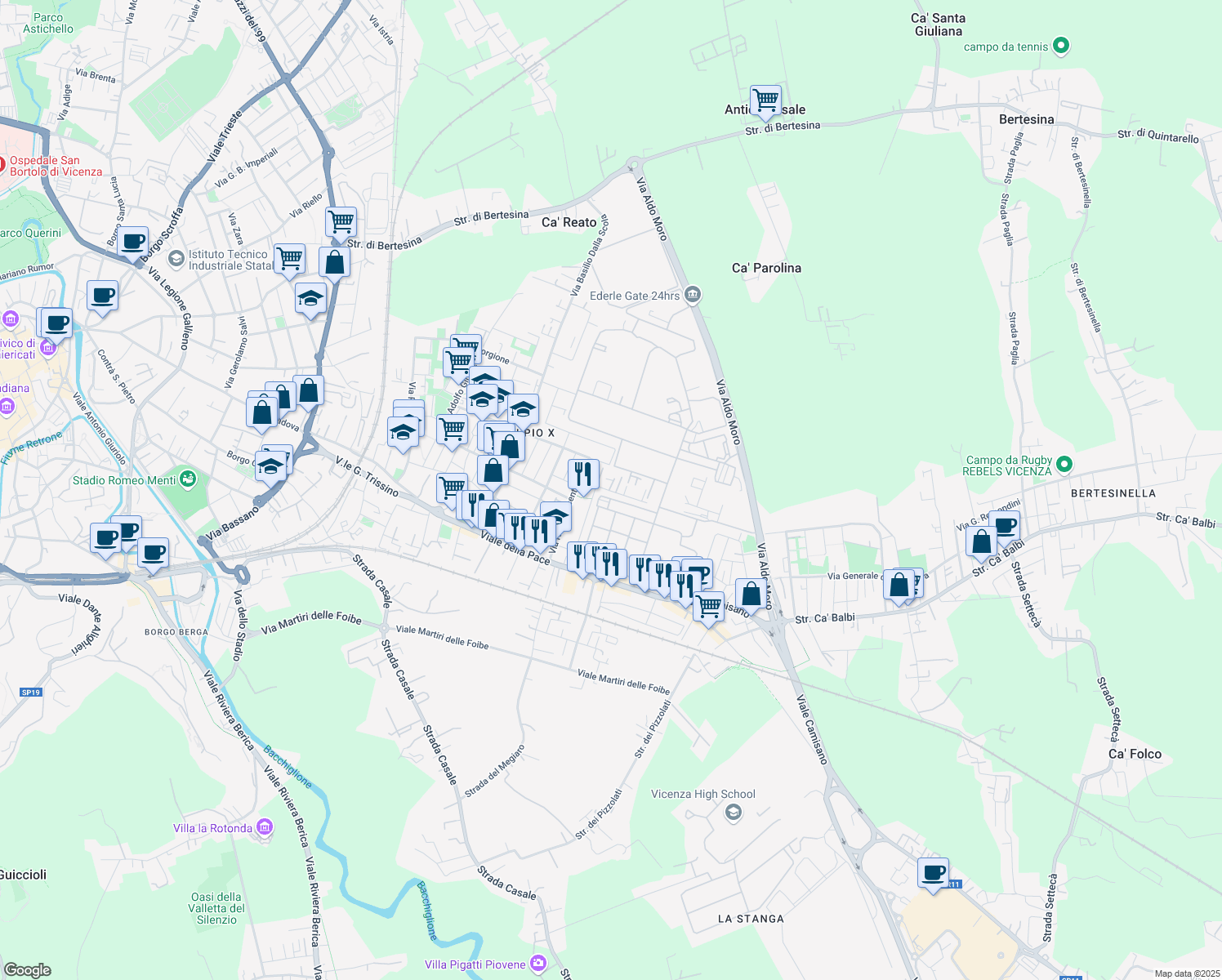 map of restaurants, bars, coffee shops, grocery stores, and more near 103 Via Casermette in Vicenza