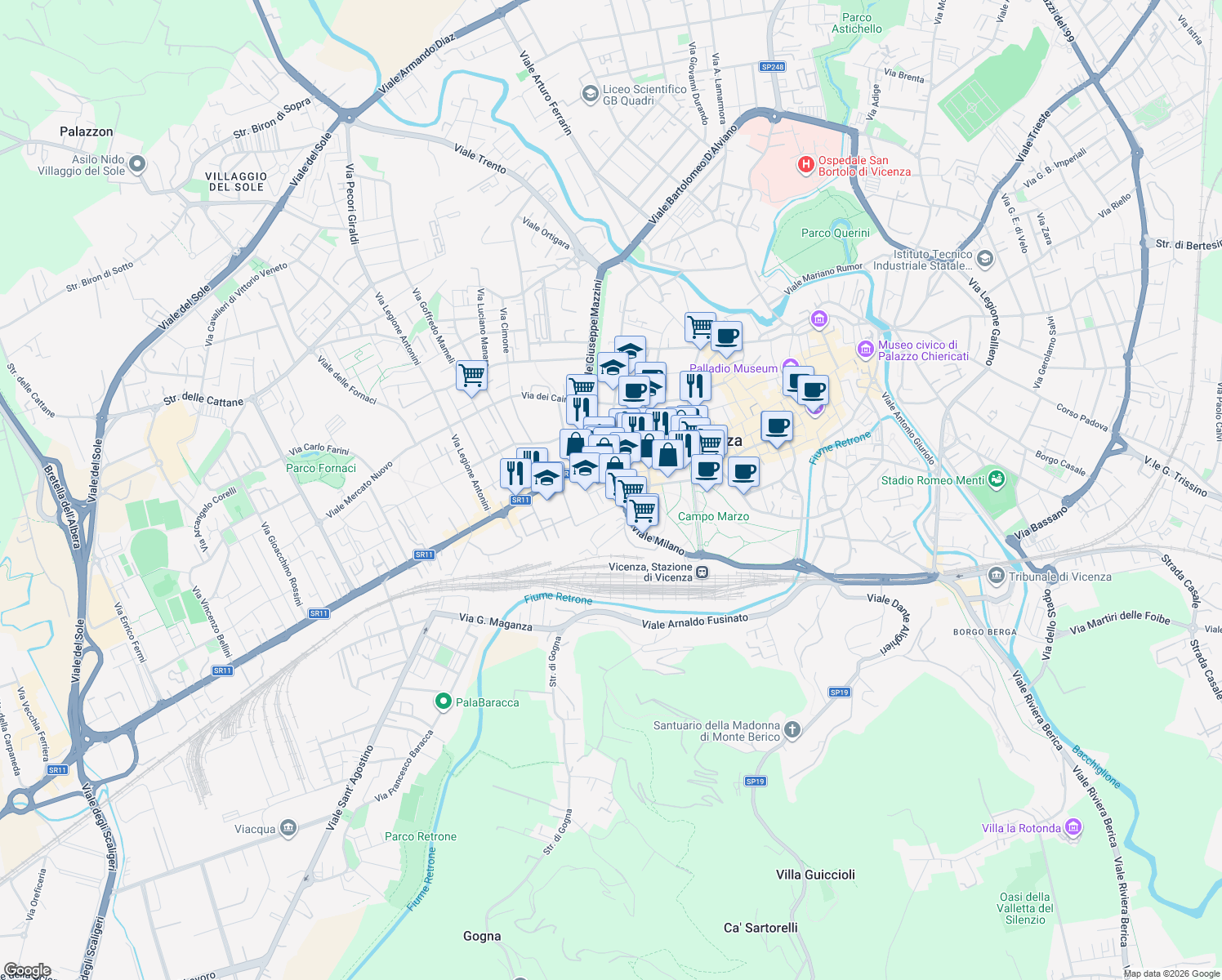 map of restaurants, bars, coffee shops, grocery stores, and more near 53 Viale Milano in Vicenza