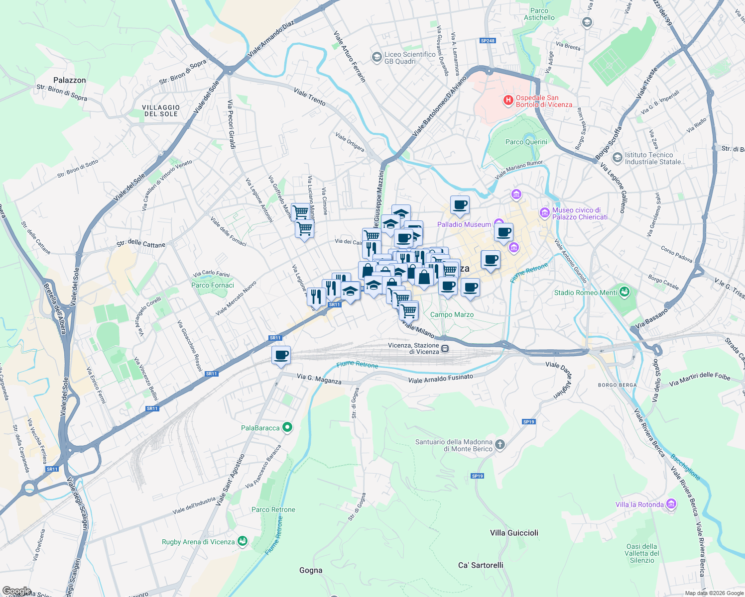 map of restaurants, bars, coffee shops, grocery stores, and more near 167 Corso Strada Statale Felice Fortunato in Vicenza