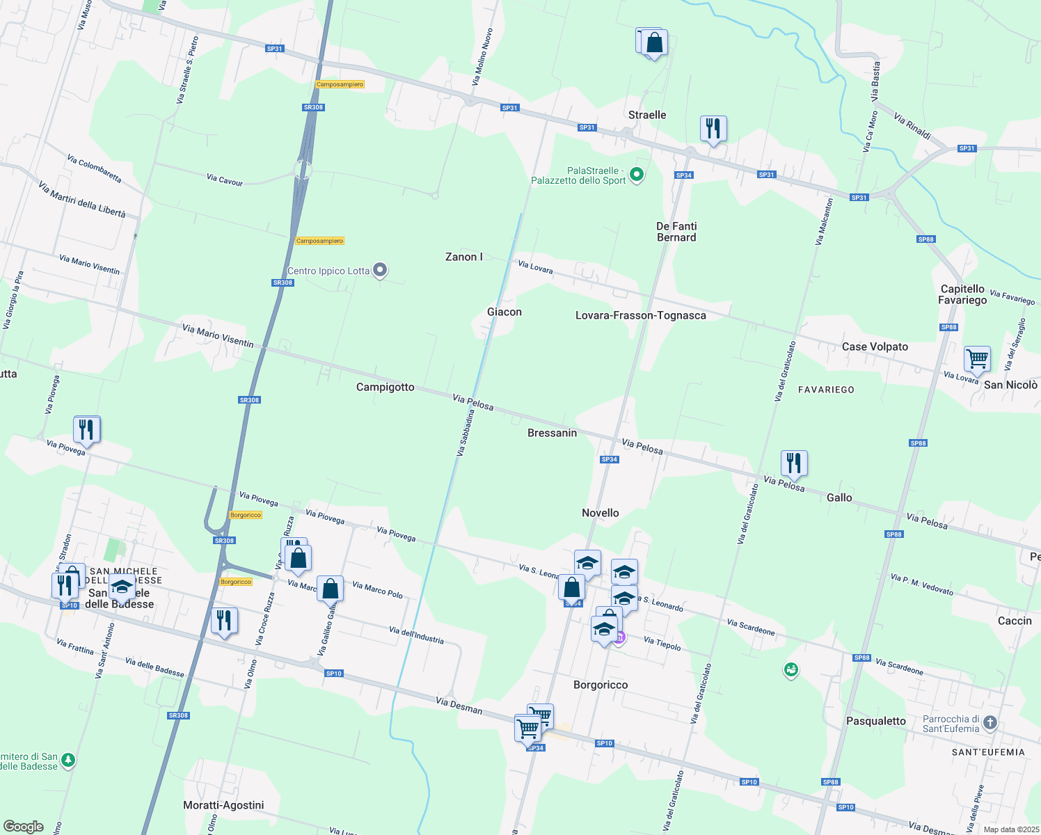 map of restaurants, bars, coffee shops, grocery stores, and more near 75 Via Pelosa in Bressanin