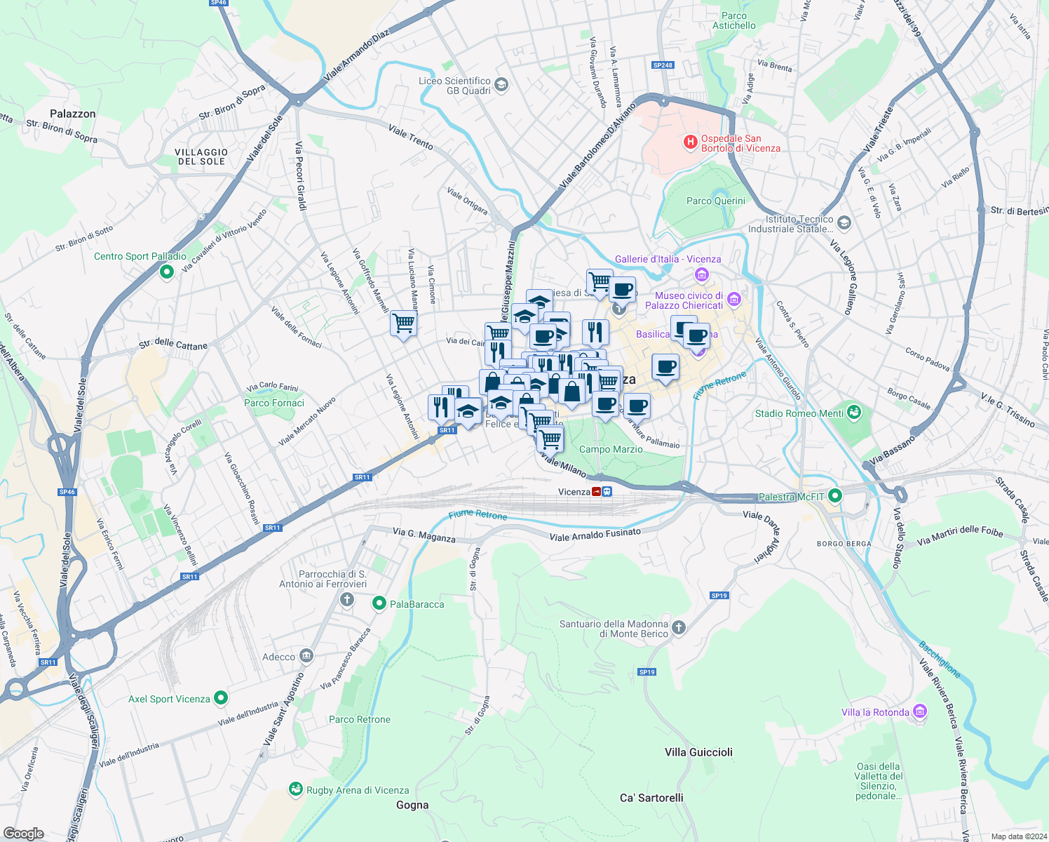 map of restaurants, bars, coffee shops, grocery stores, and more near 53 Viale Milano in Vicenza